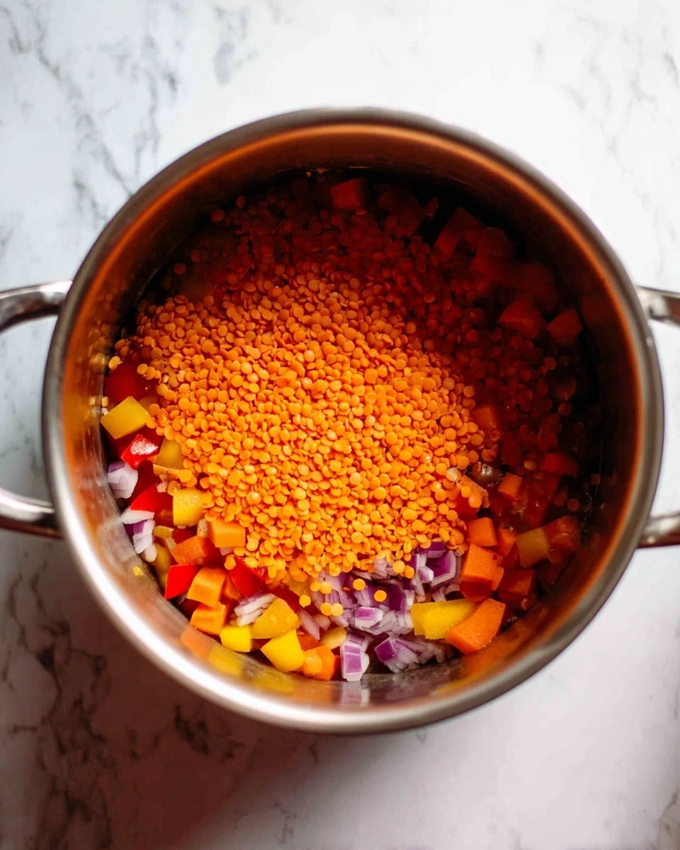 Inside a shiny metal pot, there is one main layer of orange lentils piled in the center, surrounded by a colorful mix of chopped vegetables including orange carrots, yellow and red bell peppers, and pieces of purple onion, all resting at the bottom. The pot sits on a white marbled surface. Photo taken with an iphone --ar 4:5 --v 7