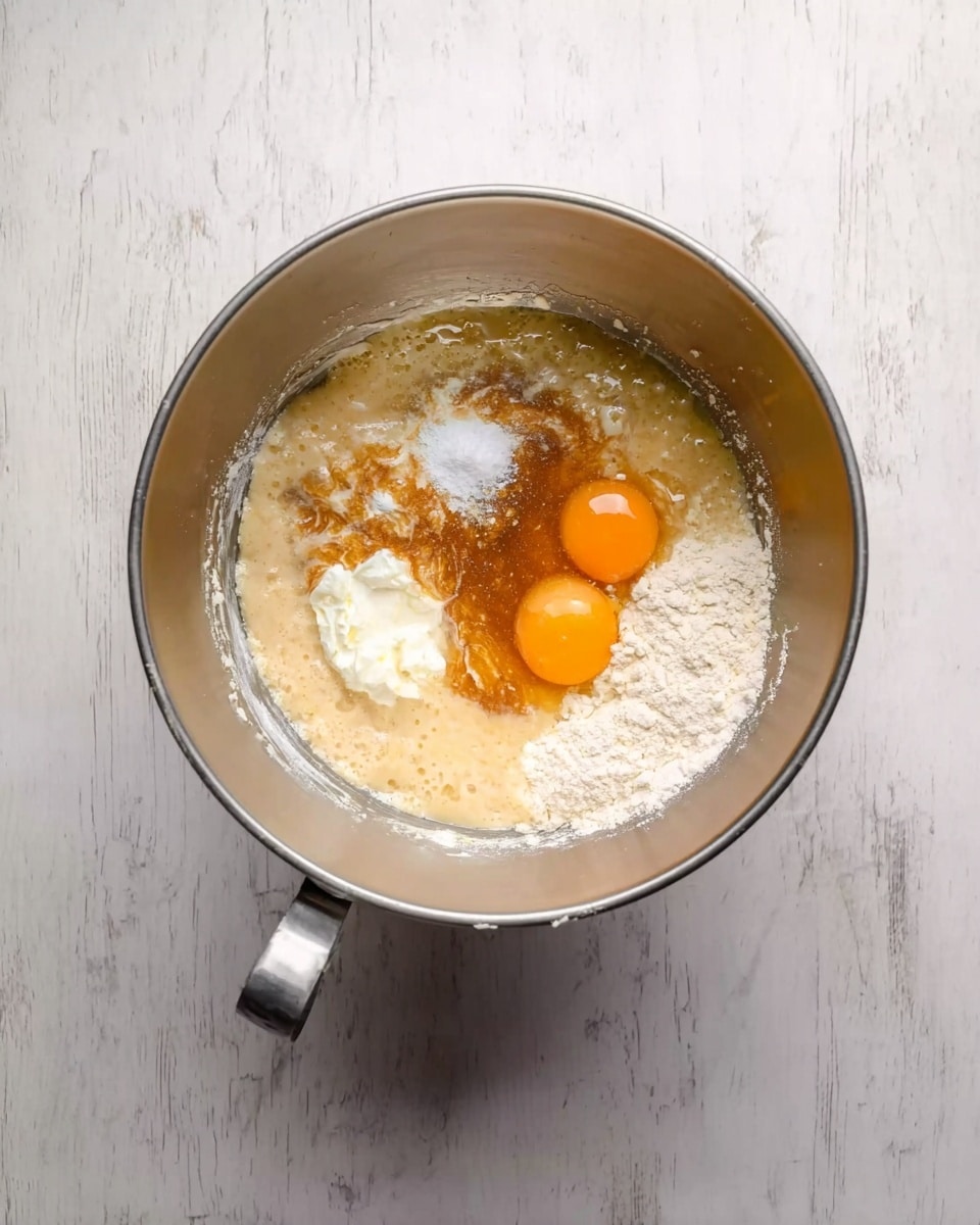 A top-down view of a metal mixing bowl filled with several ingredients on a white marbled surface. Inside the bowl, the first layer shows a pale beige flour and liquid mixture spread evenly at the bottom. On top of this base are two bright orange egg yolks towards the right side and a white creamy substance near the left. There is also a patch of a darker caramel-colored liquid close to the egg yolks, along with a small mound of white powder near the right edge. The bowl handle is visible on the lower right side, and the overall lighting highlights the smooth textures of the wet and dry ingredients together. photo taken with an iphone --ar 4:5 --v 7