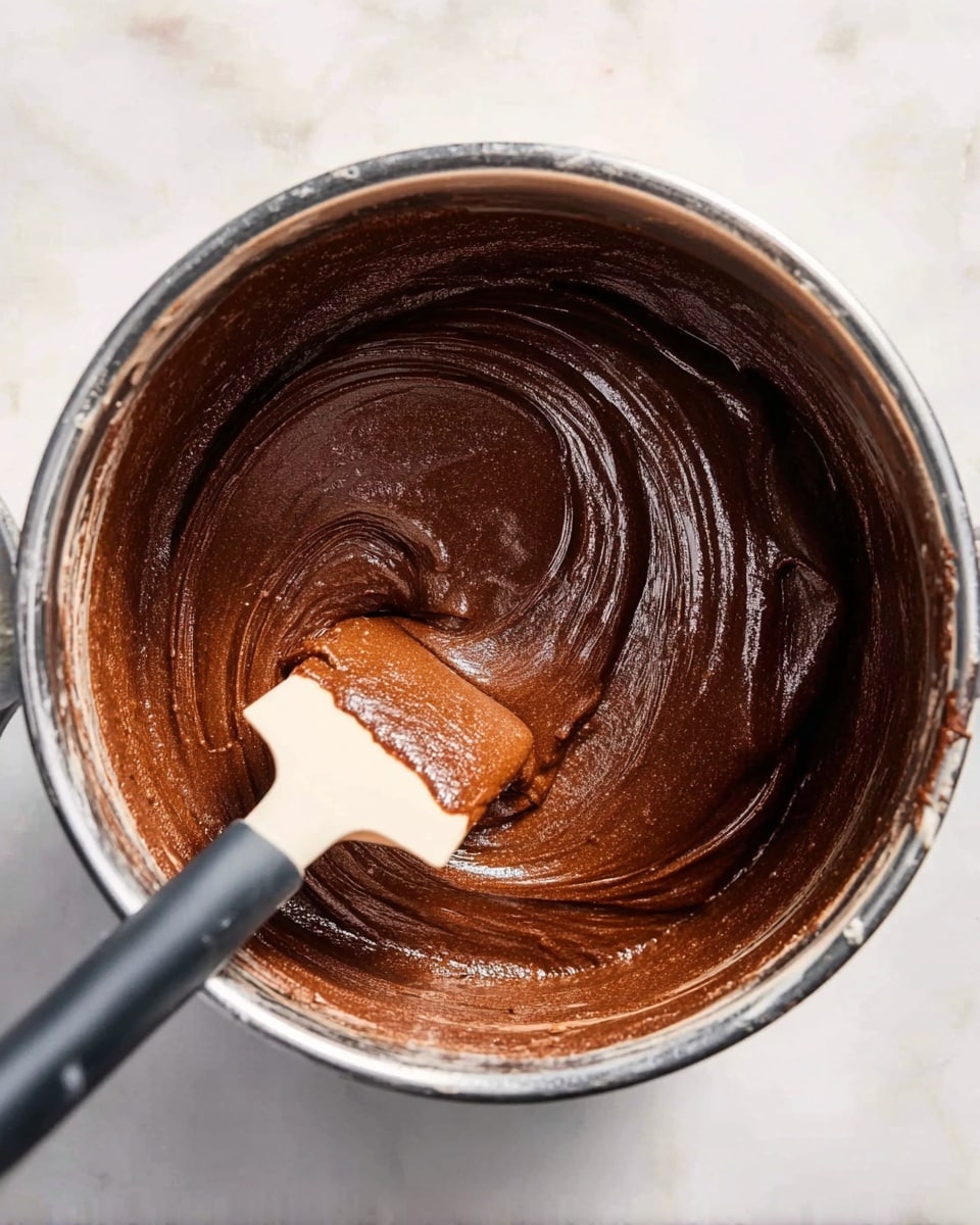 A close-up top view of a metal pot filled with thick, smooth, and shiny dark brown chocolate batter being stirred by a white spatula with a black handle. The spatula’s head has some batter on it, showing a creamy texture. The pot sits on a white marbled surface with soft natural light highlighting the rich glossy texture of the chocolate mixture. photo taken with an iphone --ar 4:5 --v 7