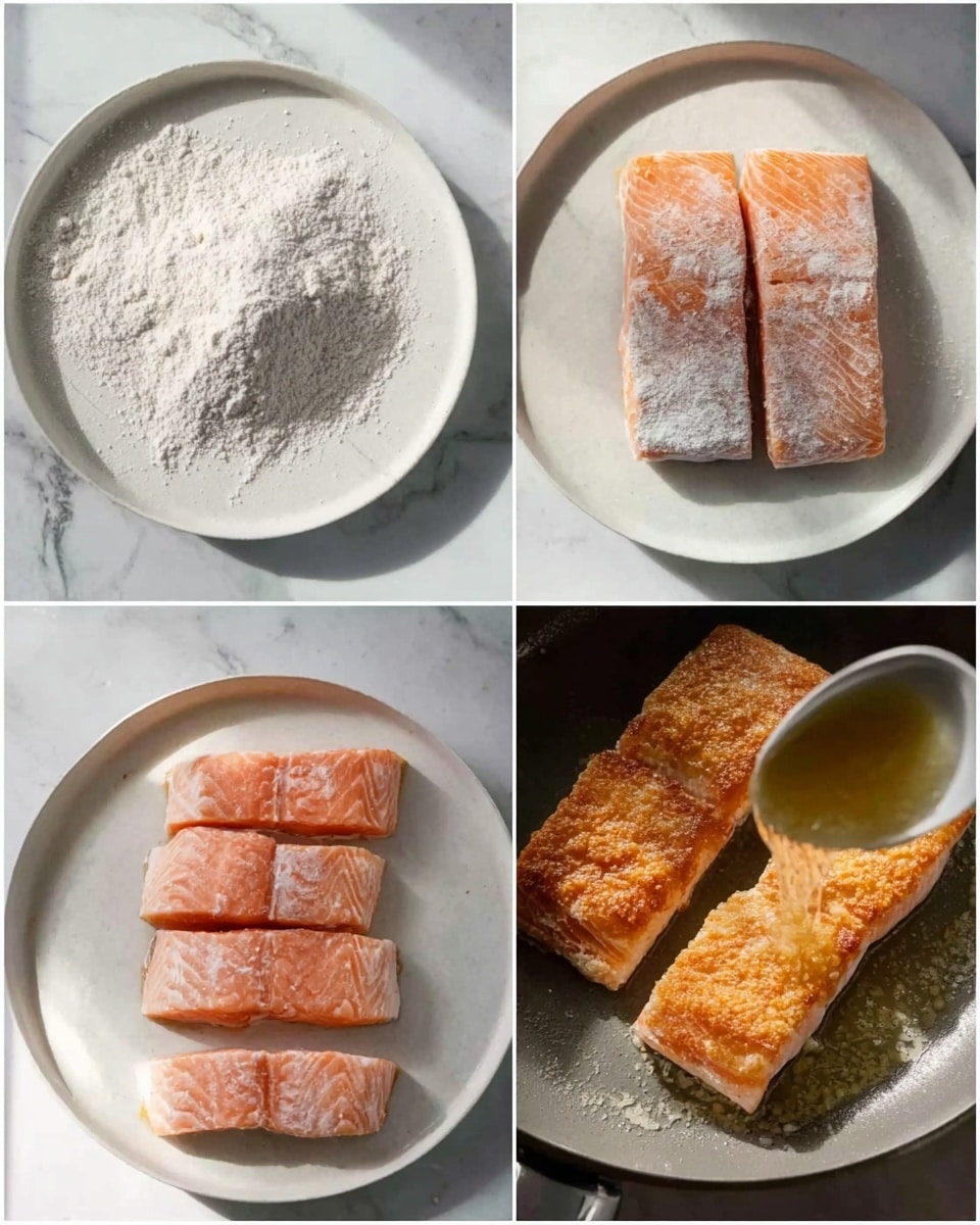 The image shows four scenes of cooking salmon. The first scene is a white plate on a white marbled surface with a pile of flour mixed with some powdery seasoning in the center. The second shows a piece of salmon with skin in the same white plate, lightly covered with flour. The third scene features four salmon fillets placed side by side on the white marbled surface, showing a pinkish color with white fat lines. The last scene is a close-up of four cooked salmon fillets in a pan with a golden-brown crust on top, while a woman's hand is holding a spoon drizzling hot oil or butter over the fish. The lighting is natural and bright. Photo taken with an iphone --ar 4:5 --v 7
