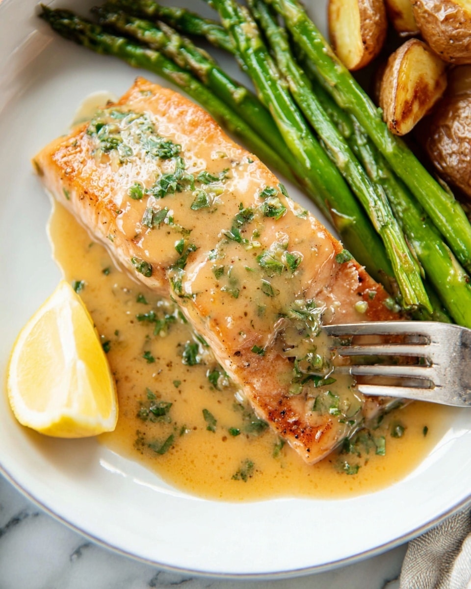 A white plate on a white marbled surface holding three main layers: a piece of cooked salmon covered in a light orange sauce with visible green herbs spread evenly on top, a bundle of bright green asparagus spears placed next to the salmon, and a portion of crispy, light brown roasted potatoes partially visible behind the asparagus. A silver fork rests on the right side of the plate, with the tip touching the sauce. A small wedge of lemon is placed on the plate near the bottom left corner. photo taken with an iphone --ar 4:5 --v 7