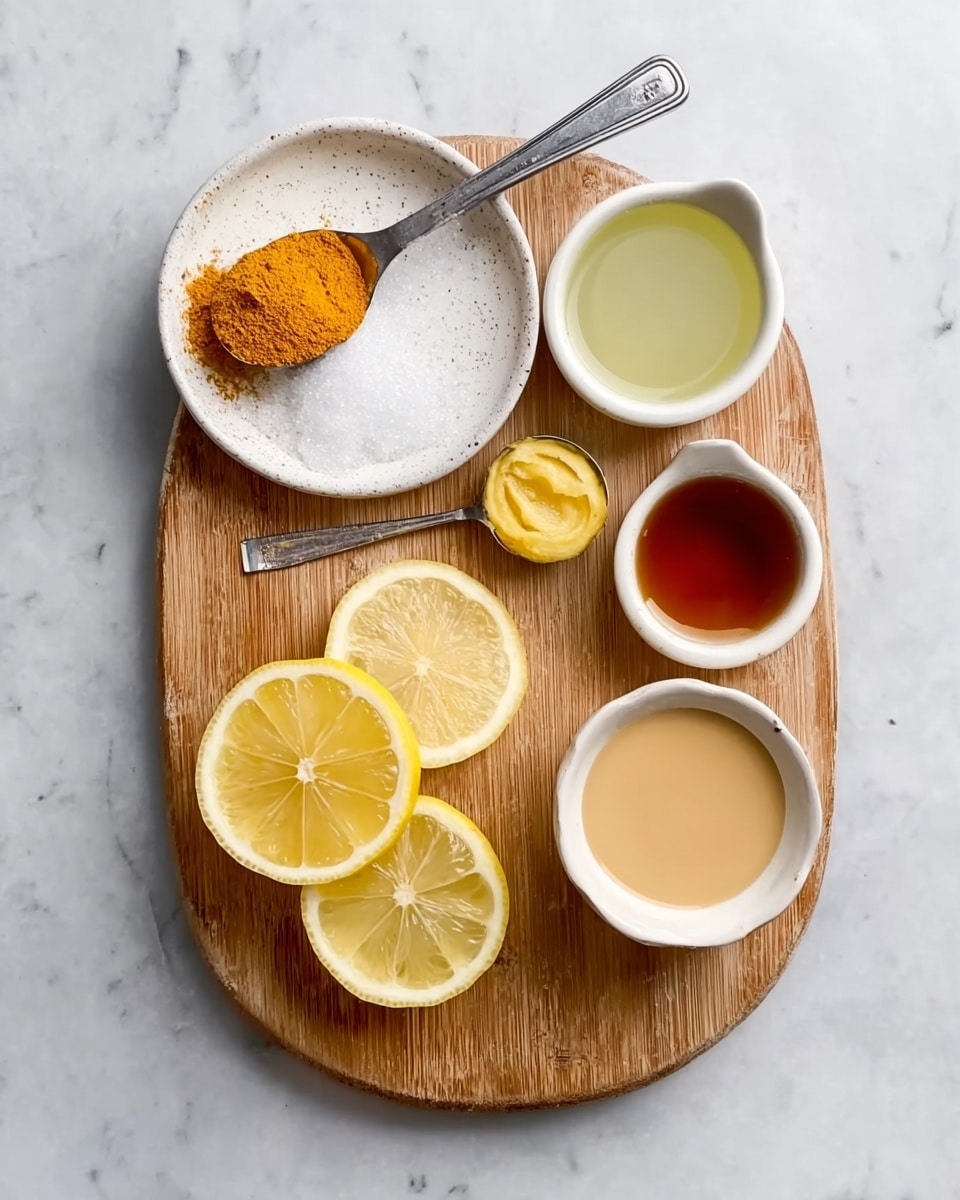 The image shows a small wooden board placed on a white marbled surface, holding a white plate with a silver teaspoon containing orange spice powder and a small amount of yellow paste next to it. On the board, there are two measuring spoons filled with white salt and sugar, three lemon wedges arranged neatly below the spoons, and three small white bowls containing different liquids – one light green, one dark amber, and one creamy beige. The bright colors of the ingredients and the textures such as the smooth liquids and the coarse powders are clear. photo taken with an iphone --ar 4:5 --v 7