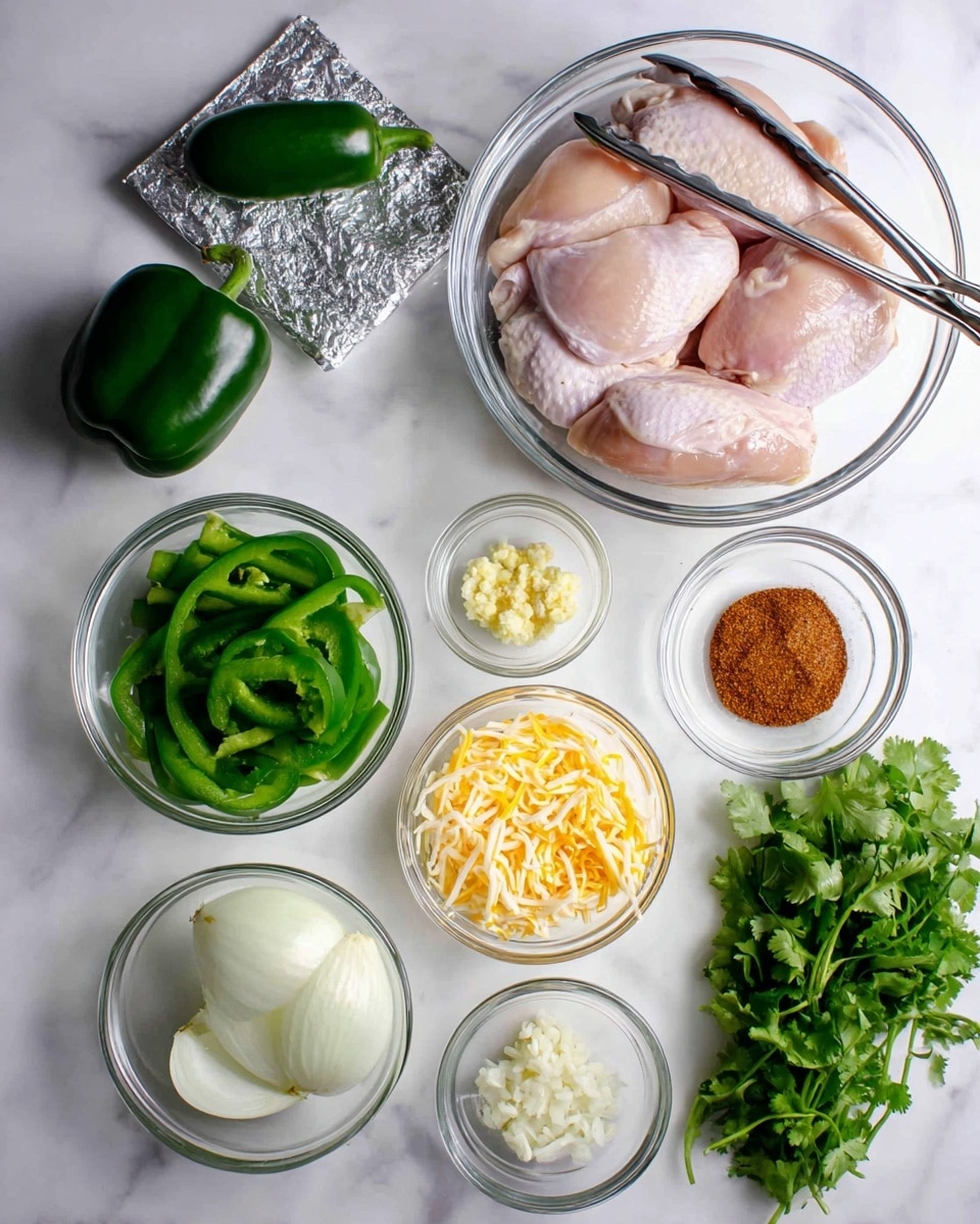 The image shows eight clear glass bowls and one silver foil-wrapped block arranged on a white marbled surface. The largest bowl in the top right contains six raw chicken thighs, light pink with smooth skin, and metal tongs resting inside. To the left of the chicken, a whole dark green pepper sits next to a bowl filled with thinly sliced bright green bell pepper strips. Below these, three smaller bowls form a row: the left one holds minced garlic with a pale yellow color, the middle one has a mix of shredded yellow and white cheese, and the right one contains a reddish-brown spice powder. Near the bottom, a bowl holds white onion slices, and next to the foil block, a bunch of fresh green cilantro lies on the surface. Photo taken with an iphone --ar 4:5 --v 7