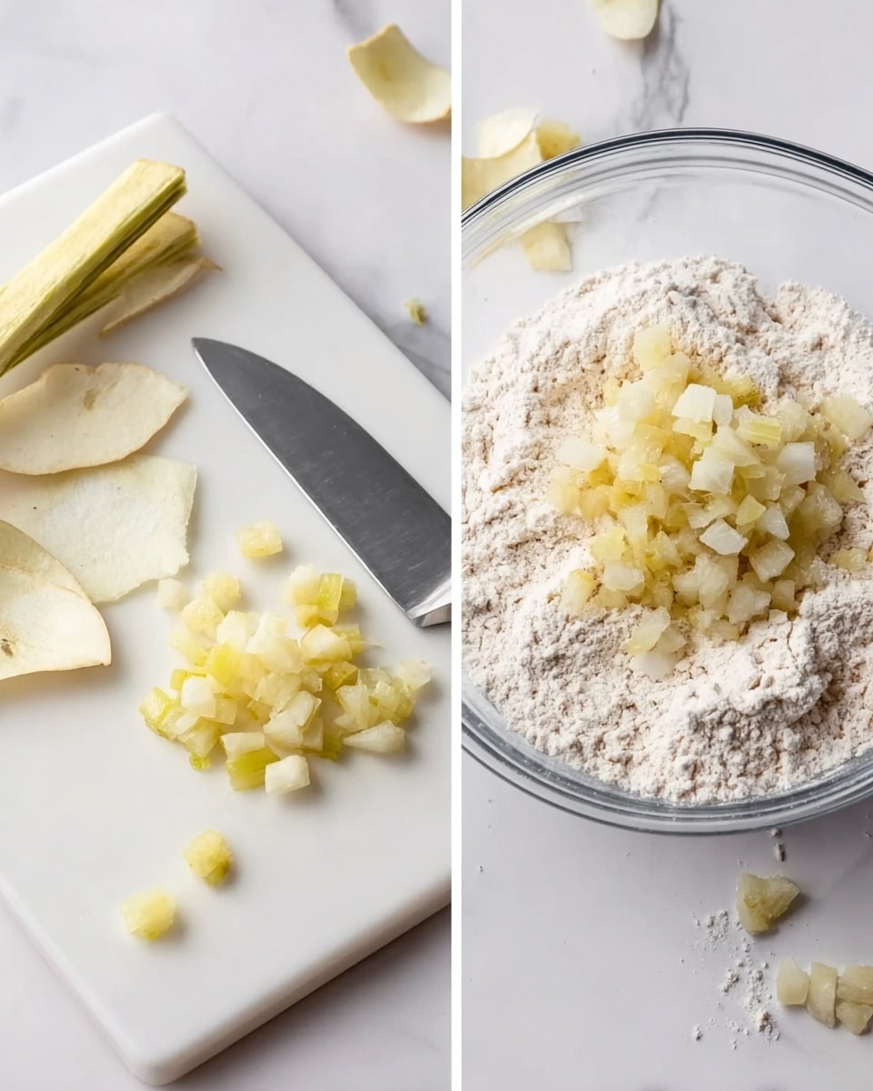 The image shows two close-up photos side by side on a white marbled surface. On the left, there is a white cutting board with a peeled stick of peeled fruit, small diced pieces of the fruit scattered near the center, a peeled skin pile on the lower left, and a silver knife positioned on the upper right. On the right, there is a clear glass bowl filled with white flour, with a mound of diced fruit pieces placed on top near the center. Photo taken with an iphone --ar 4:5 --v 7