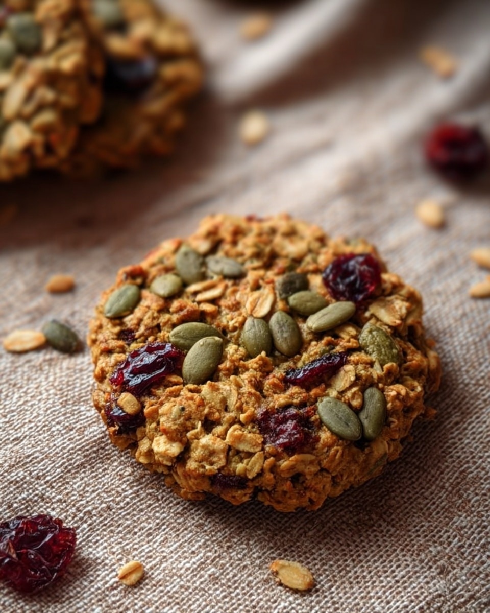 The image shows a round oatmeal cookie with a rough texture, filled with green pumpkin seeds and dark red dried cranberries scattered evenly throughout. The cookie sits on a light brown woven fabric, giving it a natural and cozy look. The surface is slightly bumpy due to the oats and seeds, with varying shades of golden brown creating a warm and inviting appearance. Another cookie is blurred out in the background, placed on the same fabric. Photo taken with an iphone --ar 4:5 --v 7
