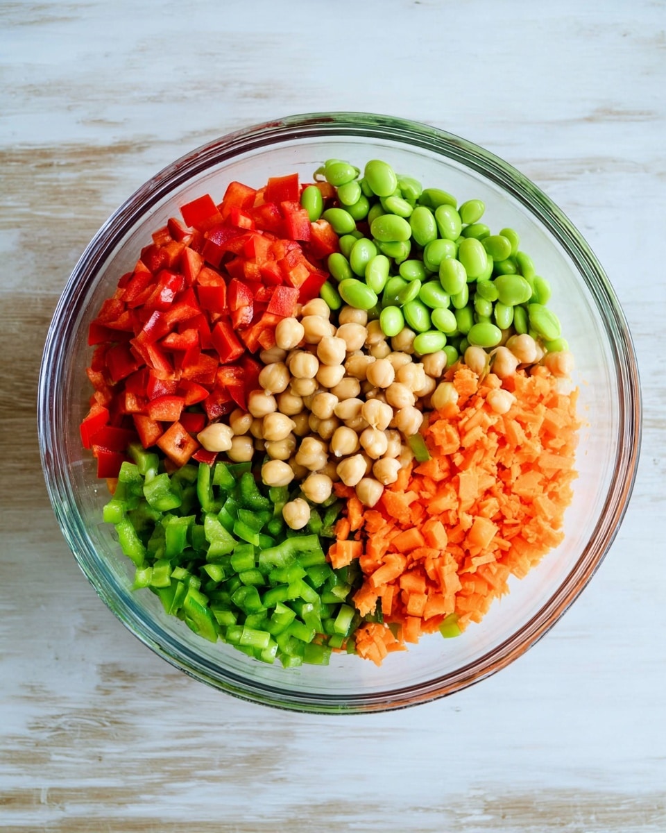 A clear glass bowl is filled with five colorful layers of chopped vegetables and legumes, arranged in separate sections side by side. Starting from the top center and moving clockwise, there are vibrant green edamame beans, bright red diced bell peppers, orange finely chopped carrots, medium green diced bell peppers, and beige chickpeas. Each ingredient has a distinct texture, from the smooth and round chickpeas to the moist and slightly shiny diced vegetables. The bowl sits on a white marbled surface with soft natural light highlighting the colors. photo taken with an iphone --ar 4:5 --v 7