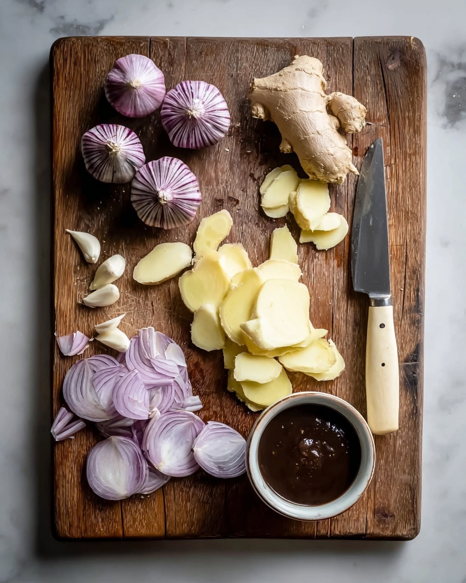 A wooden cutting board placed on a white marbled surface holds several fresh ingredients arranged neatly. At the top left, there are three whole purple-striped garlic bulbs, and below them, a small pile of sliced garlic with pale cream color is visible. To the right, a piece of fresh ginger root with light brown skin sits near a cluster of thick, rectangular ginger slices with a yellow interior. At the bottom left corner, thinly sliced shallots in soft purple with circular layers are spread out. On the right side of the board, a small white bowl contains a dark brown, smooth sauce. Next to the bowl, a knife with a pale wooden handle and a pointed black blade lies flat on the cutting board. The overall image is bright and clear, showing natural textures of the ingredients and wood grain. photo taken with an iphone --ar 4:5 --v 7