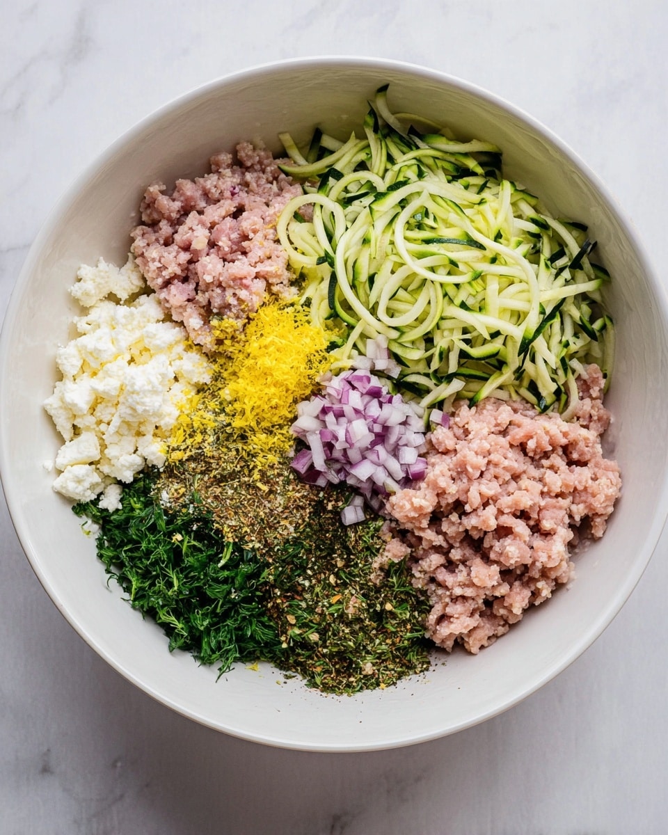 A top view of a large white bowl on a white marbled surface filled with several separate layers of ingredients. The layers include pale pink ground meat on the top right, next to light green shredded zucchini. Below the zucchini is a mix of finely chopped green herbs, bright yellow lemon zest, and a pile of dried spices that mix brown and green. On the far left side is crumbled white cheese, and in the middle sits a small mound of finely diced purple onions. All ingredients are clearly defined and not mixed together. Photo taken with an iphone --ar 4:5 --v 7