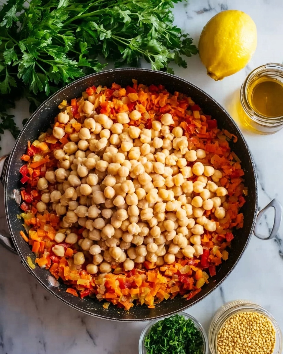 A close-up view of a black pan filled with layers of cooked food placed on a white marbled surface. The bottom layer consists of finely chopped orange and red vegetables with a soft texture, covering the base of the pan. On top of this is a thick layer of round, pale beige chickpeas that take up nearly half the pan’s surface. To the left, there is a sprig of fresh green parsley and a whole yellow lemon, slightly out of focus. At the bottom edge near the pan are small bunches of chopped green herbs, a small jar of yellow grains, and a glass container of light brown liquid. The scene is lit naturally, showing clear details and vibrant colors, photo taken with an iphone --ar 4:5 --v 7