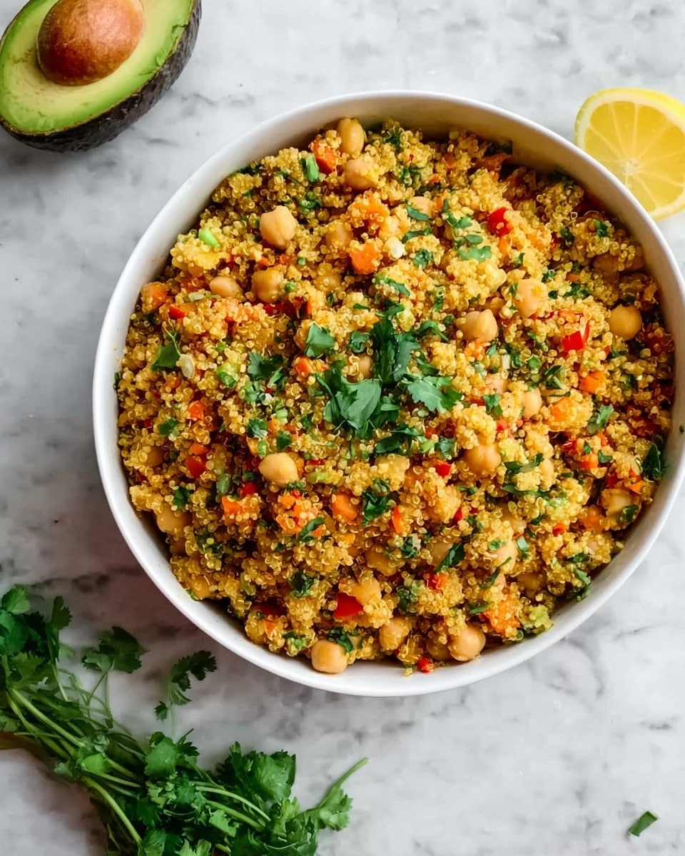 A white bowl filled with a colorful quinoa salad sits on a white marbled surface. The salad has a grainy texture with small, round quinoa grains mixed with chickpeas, tiny carrot pieces, and small bits of red pepper. Fresh green herb leaves are sprinkled on top, adding a touch of bright green color. Nearby, there is half an avocado with the seed still inside and a lemon half, both on the white marbled surface. A small bunch of green herbs, likely cilantro, is placed near the bowl. photo taken with an iphone --ar 4:5 --v 7