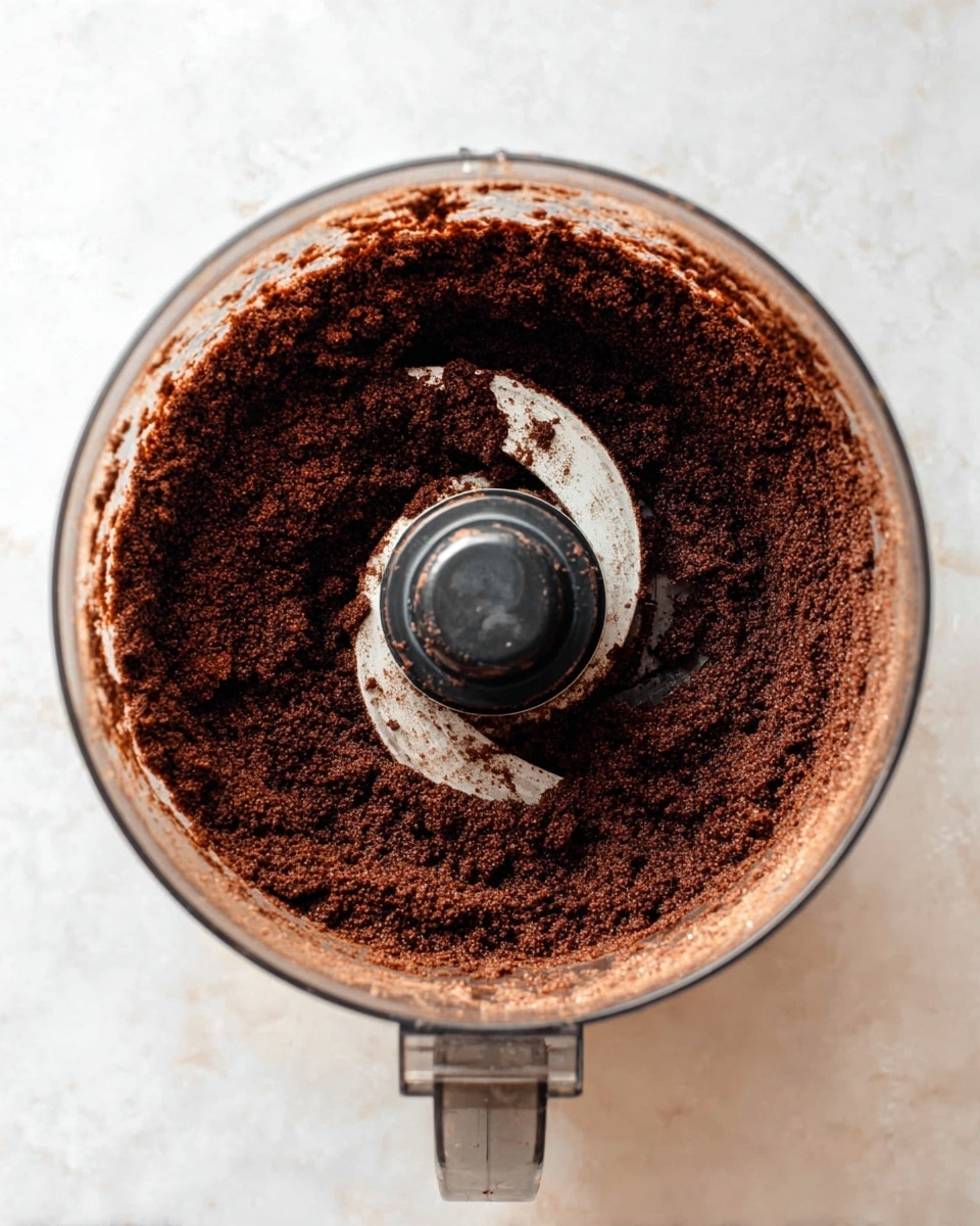 A clear food processor bowl filled with one thick, dark brown chocolate mixture with a rough, slightly grainy texture. The mixture is spread unevenly inside the bowl, clinging to the sides and around the central black blade. The background is a white marbled surface. photo taken with an iphone --ar 4:5 --v 7