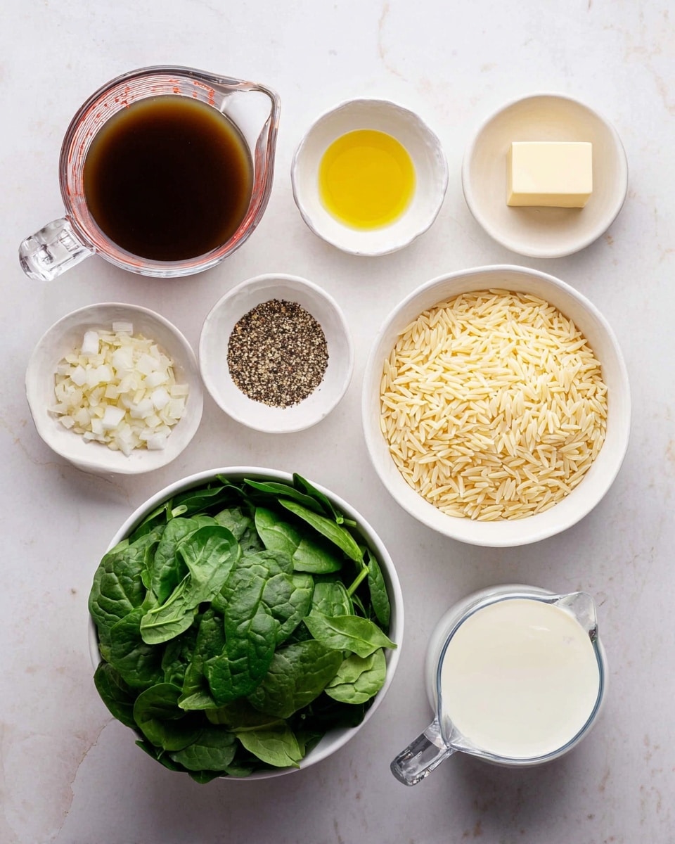 The image shows various ingredients neatly arranged on a white marbled surface. From left to right, there is a clear measuring cup filled with dark brown broth, a small white bowl of finely chopped shallots, a white bowl with pale yellow orzo pasta, and a larger white bowl filled with fresh, bright green spinach leaves. Above these are small white dishes containing minced garlic, grated pale yellow cheese, olive oil, and a small block of butter. On the right side, there is a clear glass measuring cup with white cream and a small round white bowl holding a mix of black and white pepper. All items are evenly spaced, clean, and brightly lit in natural light, showing clear textures and colors. Photo taken with an iphone --ar 4:5 --v 7