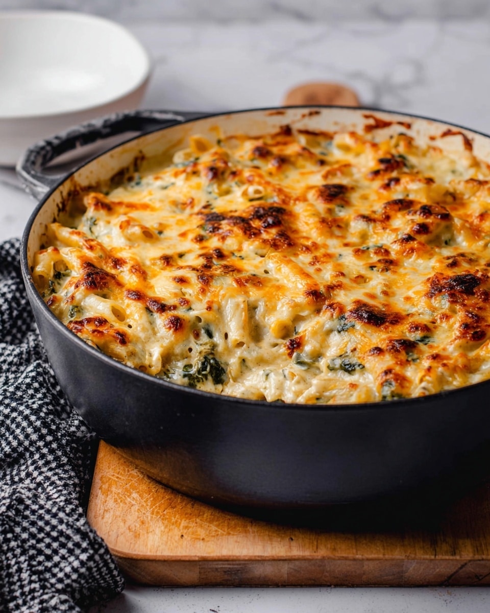 A large black pot filled with a creamy baked pasta topped with melted golden and light brown cheese, showing some green spinach pieces mixed in. The pasta underneath appears soft and coated with a creamy sauce, with the cheese layer bubbling and slightly browned in spots. The pot sits on a wooden board with a black and white checkered cloth and a white bowl in the blurred white marbled background. Photo taken with an iphone --ar 4:5 --v 7
