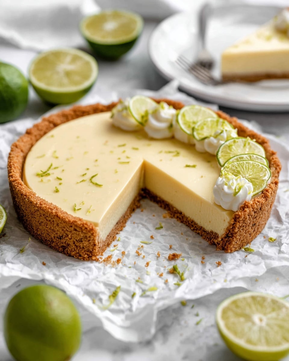 A pie with three visible layers: a crunchy golden brown crust at the bottom and sides, a thick smooth pale yellow filling in the middle, and a thin, slightly shiny top layer of the same pale yellow color. One slice is taken out and placed close to the pie, showing the even layers from the side. The pie is decorated on one side with small white dollops and thin slices of green lime, along with tiny green zest pieces scattered on top. The pie sits on crumpled white paper on a white marbled surface, surrounded by fresh halved and whole limes. In the background, a white plate with another slice of pie and a fork is slightly out of focus. Photo taken with an iphone --ar 4:5 --v 7