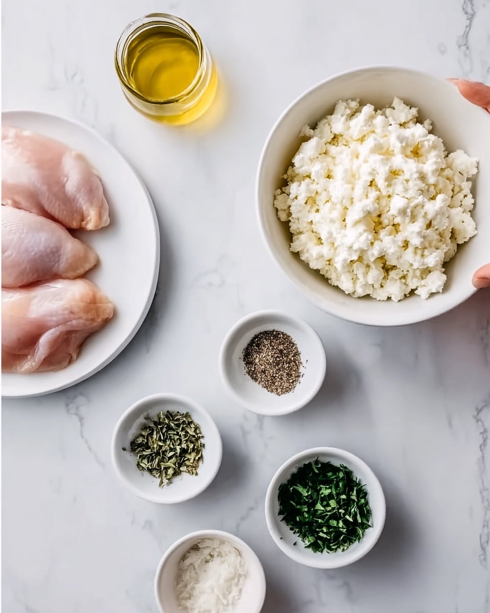 The image shows a plain white plate with raw chicken on the lower left corner, a glass jar with light yellow oil at the top left, and a white bowl full of white cottage cheese in the center. Surrounding the bowl are three smaller white bowls, each containing different green herbs, with another tiny white bowl holding some black pepper near the bottom. The scene is on a white marbled textured surface, and a woman's hand is slightly touching the chicken plate from the left edge. photo taken with an iphone --ar 4:5 --v 7