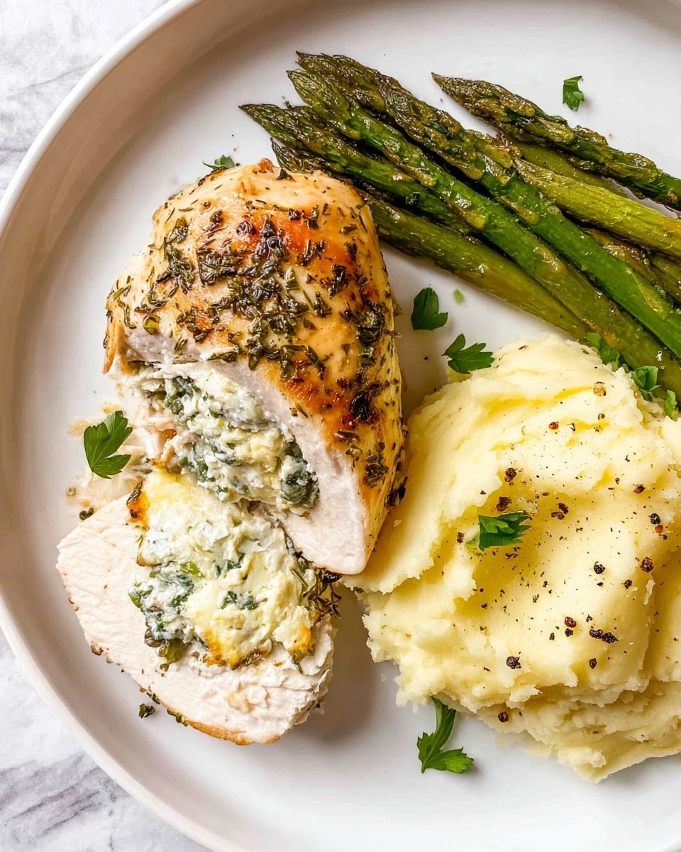 The image shows a white plate with a serving of stuffed chicken breast, mashed potatoes, and grilled asparagus. The stuffed chicken breast has two layers: the outer layer is golden-brown with herbs sprinkled on top, while the stuffing inside is creamy white with green herbs mixed in, visible along one side. To the right of the chicken, there is a smooth mound of pale yellow mashed potatoes with small black pepper specks on top. Next to the mashed potatoes, bright green grilled asparagus spears are arranged in a neat bundle, showing slight char marks. Small green parsley leaves are scattered over the dish for garnish. The plate sits on a white marbled surface. photo taken with an iphone --ar 4:5 --v 7