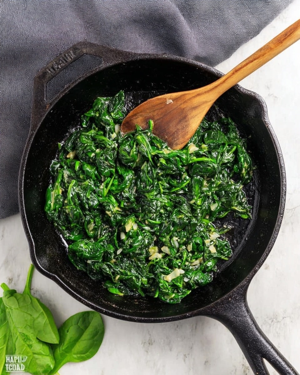 A black cast iron skillet filled with cooked spinach mixed with small pieces of garlic, showing a shiny and slightly wilted green texture spread out in an uneven layer inside the pan. A wooden spoon with a smooth texture is resting on the cooked spinach near the upper right side of the skillet. The skillet is set on a white marbled surface with a folded gray cloth on the upper left side and a few fresh spinach leaves placed loosely on the lower left corner. Photo taken with an iphone --ar 4:5 --v 7