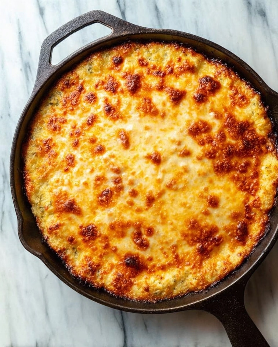 A round cast iron pan filled with one thick layer of baked casserole covered by melted cheese that is golden brown on top with some darker brown spots, showing a slightly bubbly texture. The pan handle is visible and the pan sits on a white marbled surface photo taken with an iphone --ar 4:5 --v 7