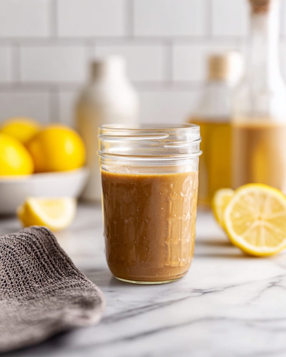 A clear glass jar filled with a smooth, light brown sauce is placed at the center on a white marbled surface. In the background, another glass jar with more sauce is slightly out of focus, along with halved yellow lemons, a small white container, and a glass bottle with golden liquid. A gray textured cloth lies to the left of the jar, and a white tiled wall forms the background. The sauce inside the main jar has a creamy texture with a few small specks photo taken with an iphone --ar 4:5 --v 7