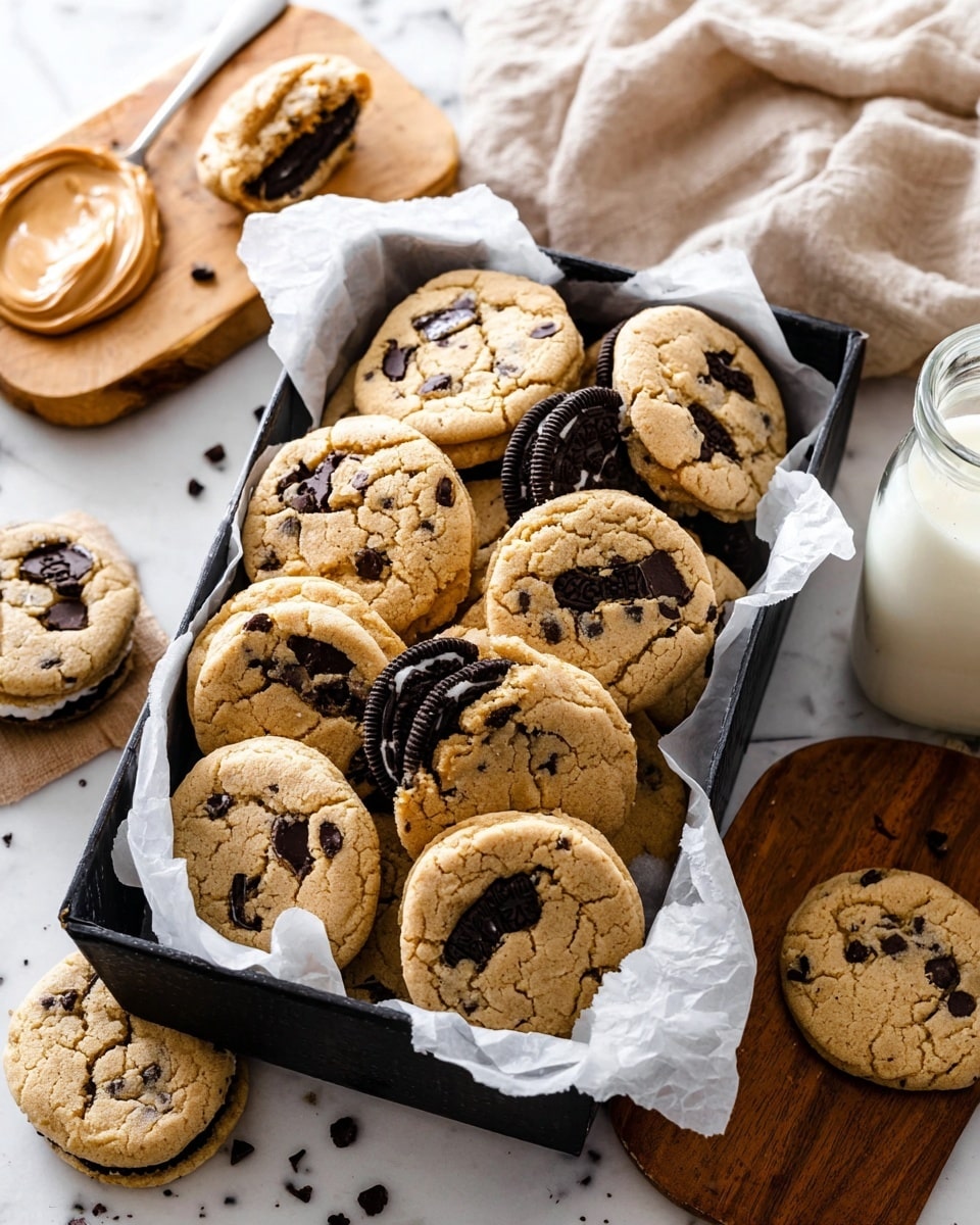 A black basket lined with white parchment paper holds two layers of light golden cookies with cracked tops, studded with chunks of dark chocolate and pieces of black and white sandwich cookies. Around the basket, whole sandwich cookies peek out, and a few cookies rest on the white marbled surface beneath. To the left, a wooden board supports a silver spoon topped with creamy peanut butter and a glass bottle filled with milk. In the upper part, a soft beige cloth adds a cozy touch. photo taken with an iphone --ar 4:5 --v 7
