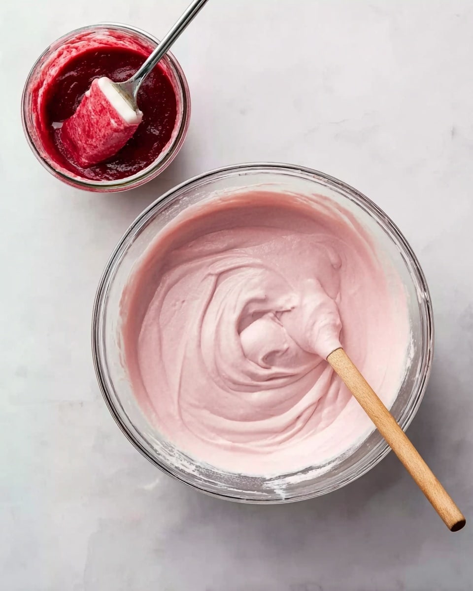 The image shows a clear glass mixing bowl filled with smooth, creamy light pink batter, swirled softly across the surface with a wooden spoon resting inside. Nearby, a smaller clear glass container holds a thicker, darker red mixture with a spatula coated in it standing upright. Both bowls sit on a white marbled surface, and the scene looks clean and bright. Photo taken with an iphone --ar 4:5 --v 7