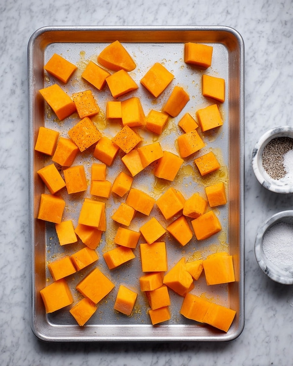 The image shows a silver baking tray filled with evenly spread chunks of bright orange vegetable, likely butternut squash, each piece varying in size but all roughly cubed. The cubes have a smooth, slightly shiny texture with drops of oil scattered over and around them. The tray is set on a white marbled surface, and to the right, a white marbled salt container with some salt and pepper is visible. The overall look is clean and orderly, ready for roasting photo taken with an iphone --ar 4:5 --v 7