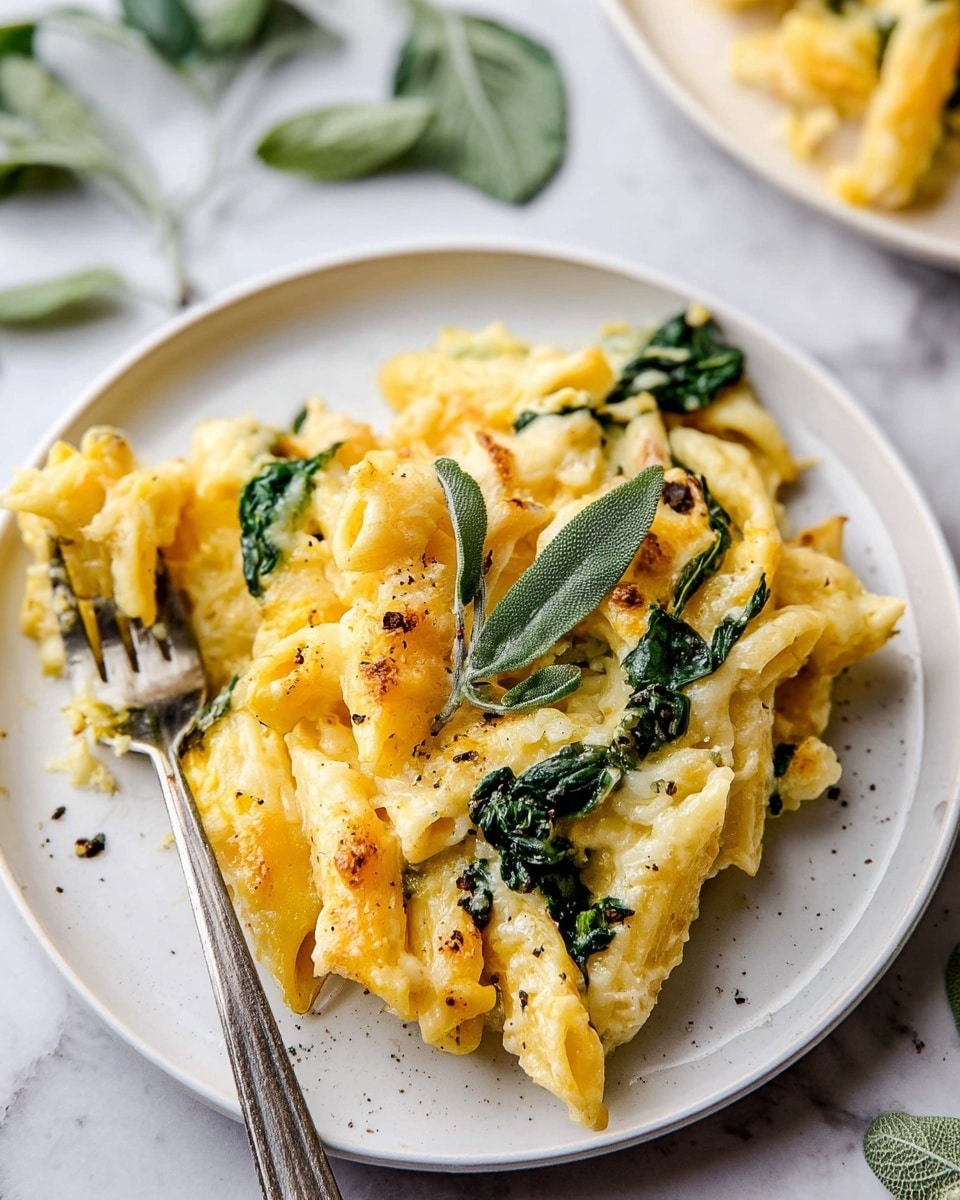 A white plate with a close-up of creamy yellow baked pasta with ridged penne noodles, mixed with melted, slightly browned cheese and scattered cooked green spinach leaves. The top shows a sprinkling of cracked black pepper and small fresh sage leaves as garnish. The dish has a soft, cheesy texture combined with the wilted leafy greens, and a silver fork is partly under the pasta on the left side. The background features a white marbled surface with a few blurred green leaves. Photo taken with an iphone --ar 4:5 --v 7