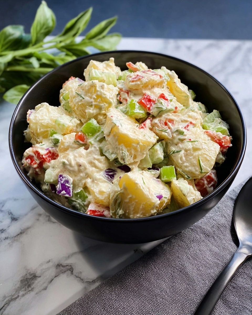 A black bowl is filled with a creamy salad that has several layers: chunks of pale yellow potato, small pieces of bright green celery, bits of red bell pepper, and finely chopped purple onion mixed together in a white creamy dressing. The salad looks thick and fresh, with the colors evenly spread inside the bowl. The bowl sits on a white marbled surface, and some green leaves are placed near it on the left side. A gray cloth with a spoon resting on it is visible in the lower right corner. Photo taken with an iphone --ar 4:5 --v 7