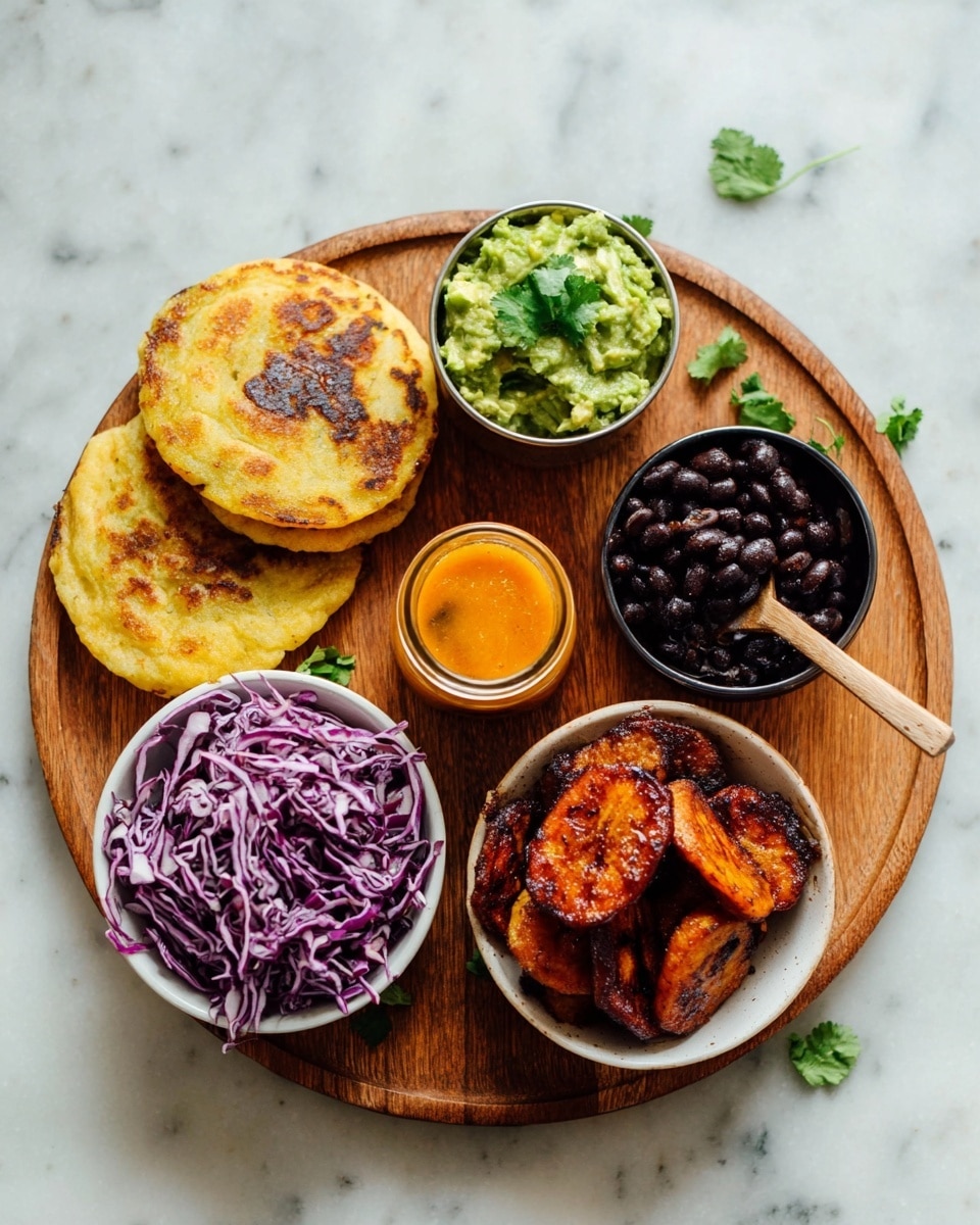 The image shows a round wooden board with six food items arranged on it, all placed on a white marbled surface. On the left side, there are two round, golden, slightly charred flatbreads stacked partly, with a soft texture. Above them is a small metal cup filled with green guacamole, showing chunks of avocado and some cilantro leaves on top. To the right of the guacamole is a small black bowl of black beans, shiny and whole, with a wooden spoon resting inside. In the bottom left section, a white bowl holds shredded purple cabbage, thinly sliced. To the right of the cabbage is a white bowl filled with golden-brown fried plantains, some showing a caramelized texture. In the center of the board, there is a small glass container with light orange sauce, smooth in texture. Some small cilantro leaves are scattered around the board as garnish. Photo taken with an iphone --ar 4:5 --v 7