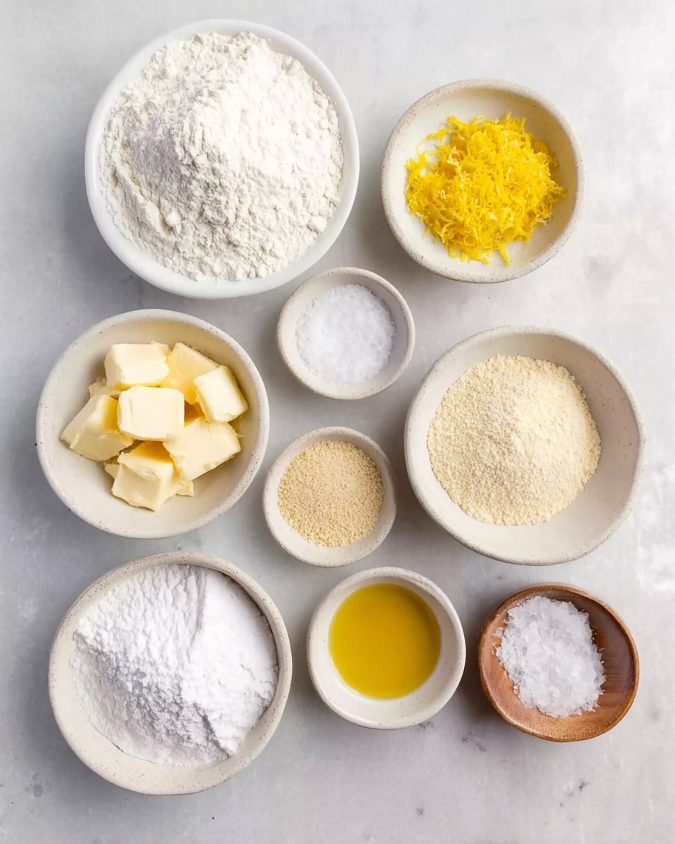 The image shows nine small white bowls arranged on a white marbled surface, each bowl filled with a different ingredient. The largest bowl at the top left contains white flour with a smooth texture. Next to it, a small bowl holds bright yellow lemon zest with a rough texture. Below the lemon zest, another white bowl contains light yellow chunks of butter with a soft texture. At the bottom left, there is a bowl filled with white powdered sugar that looks fine and fluffy. In the center, a bowl is filled with beige granulated yeast. To the right of the yeast, a tiny bowl contains a small amount of white salt. Below the flour, a small bowl has a golden yellow liquid, likely melted butter or oil, with a shiny surface. Next to it on the right, another bowl contains a small amount of white coarse salt-like crystals. Finally, at the bottom right, a small wooden bowl holds a pinch of white salt. The overall look is neat and organized on the smooth white marbled background. photo taken with an iphone --ar 4:5 --v 7