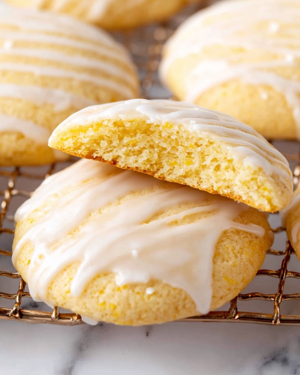 The image shows soft, round cookies with a light golden color, each topped with a smooth, white glaze that has been drizzled evenly across the top in thin lines. One cookie is broken in half and positioned above another whole cookie, revealing a moist, crumbly, and slightly dense inside with a pale yellow texture. These cookies are placed on a metal wire rack, allowing the glaze to set nicely, and the background is a white marbled surface. photo taken with an iphone --ar 4:5 --v 7