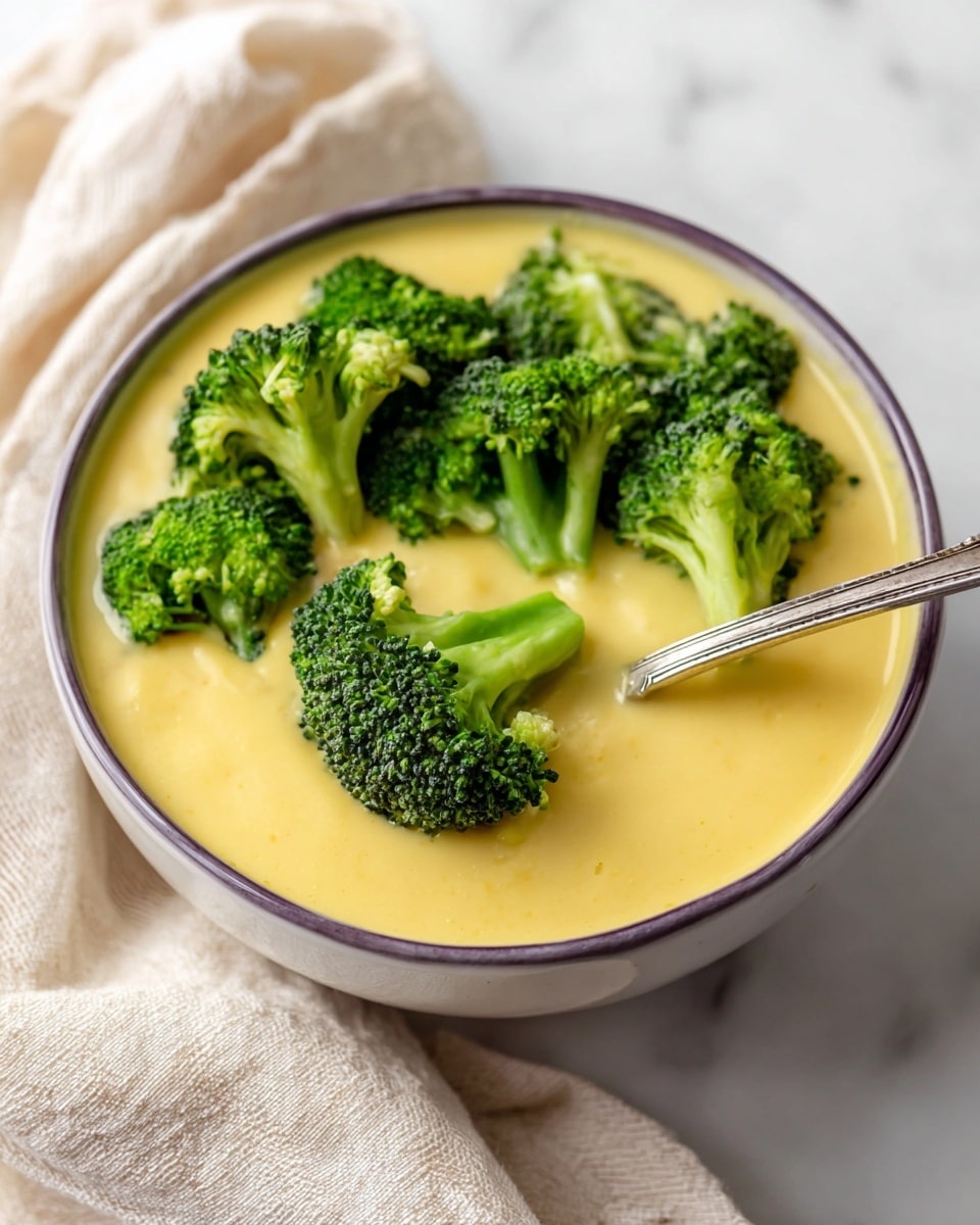 A close-up view of a white bowl filled almost to the top with smooth, yellow cheese sauce, topped with several vibrant green broccoli florets that have a fresh, textured look. A silver spoon is dipped into the sauce near the right side, partially lifting one broccoli floret. The bowl is placed on a white marbled surface with a soft, light beige cloth nearby, creating a cozy setting. photo taken with an iphone --ar 4:5 --v 7