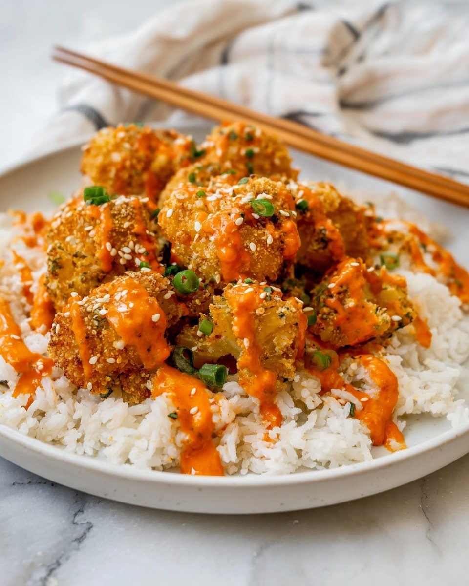 A white plate holds a layer of plain white rice with a soft texture, topped with several pieces of golden brown fried cauliflower that have a crunchy coating. Each cauliflower piece is drizzled with a bright orange creamy sauce and sprinkled with white sesame seeds and small bits of green chopped scallions. In the background, light tan wooden chopsticks rest on the edge of the plate, placed on a white marbled surface. A soft white cloth with subtle stripes is partially visible behind the plate. photo taken with an iphone --ar 4:5 --v 7
