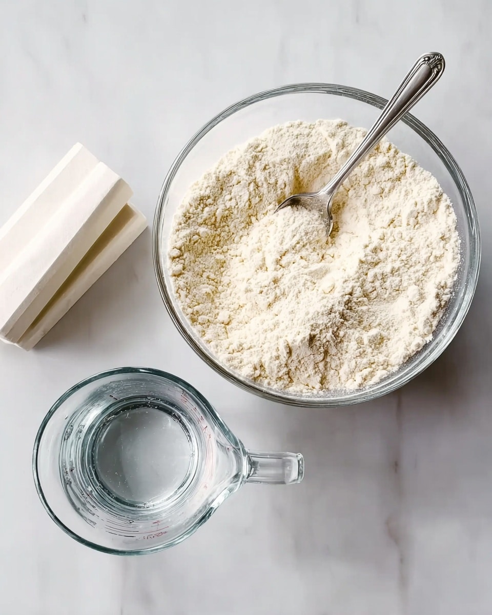 A clear glass bowl filled with fine white flour, with a metal spoon sticking out from the center; next to it is a clear measuring cup filled with water, both placed on a smooth white marbled surface. To the left of the bowl and cup, there are three white rectangular objects stacked next to each other, partially visible in the frame. photo taken with an iphone --ar 4:5 --v 7
