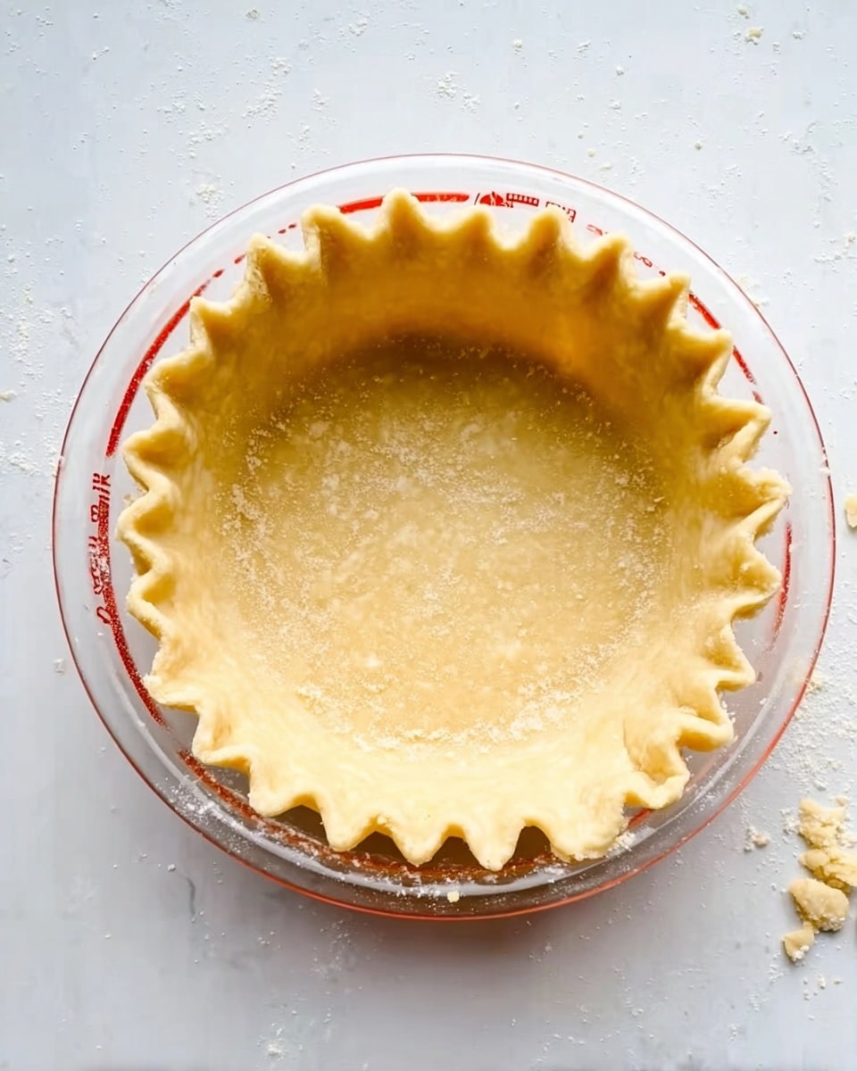 All-Butter Chickpea Flour Pie Crust (Gram Flour Pastry) Recipe 5 A clear glass bowl with a single, unbaked pie crust pressed inside. The crust is a light golden yellow color with visible small bits of butter and flour texture, and has a scalloped edge around the top. The bowl sits on a white marbled surface, with a red measurement marking partially visible on the bowl's side. Some small crumbs of dough lie around the outside of the bowl on the surface. photo taken with an iphone --ar 4:5 --v 7