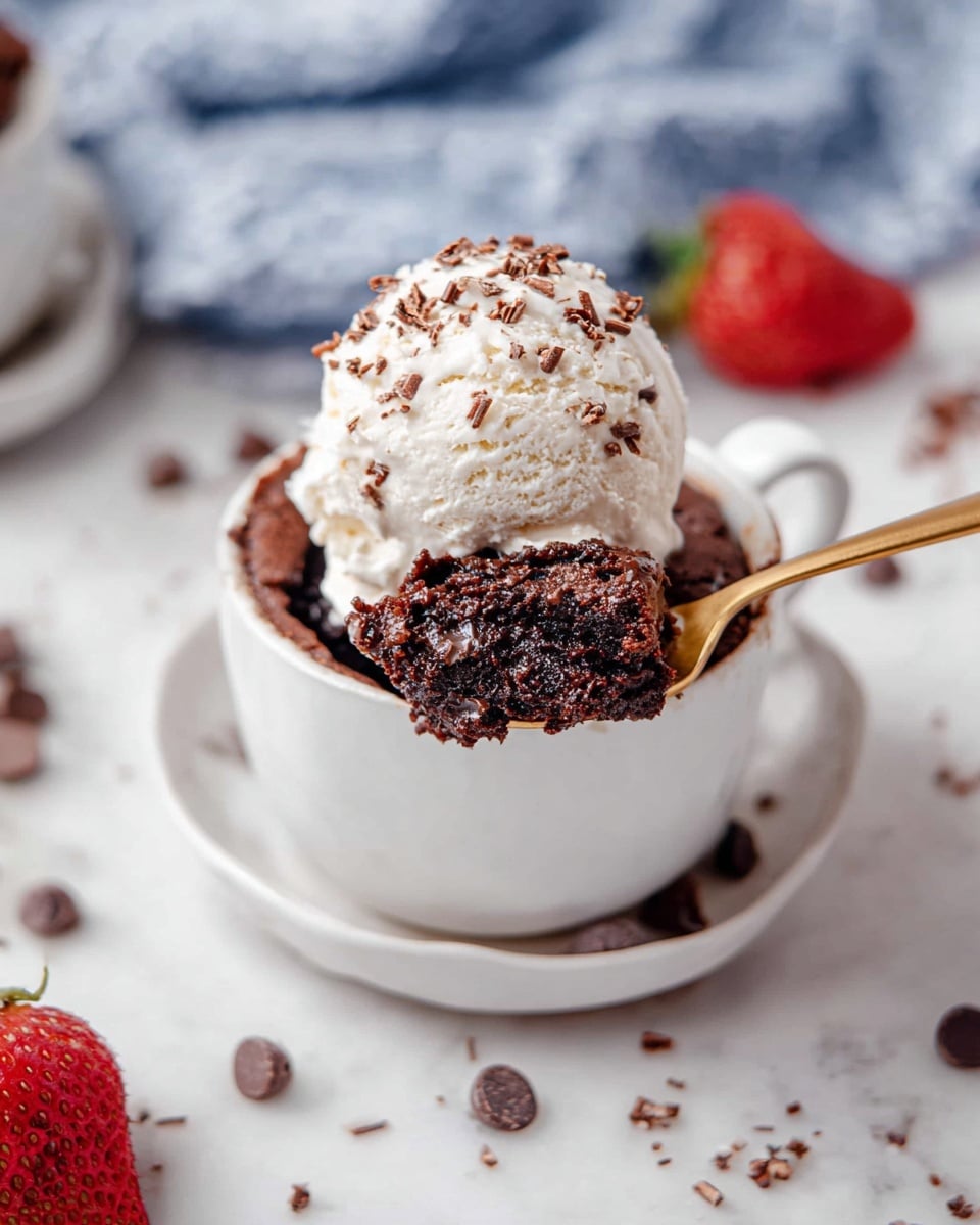 A white cup filled with a rich, dark brown chocolate cake as the bottom layer, topped with a large scoop of light cream ice cream sprinkled with fine chocolate shavings. A gold spoon is scooping some of the dark chocolate cake along the side of the cup. The cup sits on a white saucer on a white marbled surface with scattered small chocolate chips and blurred red strawberries in the background. A blue and white cloth adds a soft texture behind the cup. Photo taken with an iphone --ar 4:5 --v 7