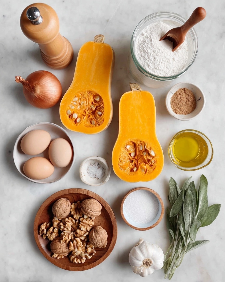 The image shows ingredients on a white marbled surface, including two long halves of bright orange butternut squash with seeds visible, a round brown onion, a small bunch of fresh green sage leaves, three light brown eggs in a white bowl, a wooden bowl filled with walnut halves, a glass jar with a wooden scoop full of white flour, a small clear jar with golden olive oil, two cloves of garlic, a small white dish with white salt and a bit of brown spice, and a small wooden bowl filled with white salt. Also, there is a light wooden pepper grinder at the top left corner. photo taken with an iphone --ar 4:5 --v 7