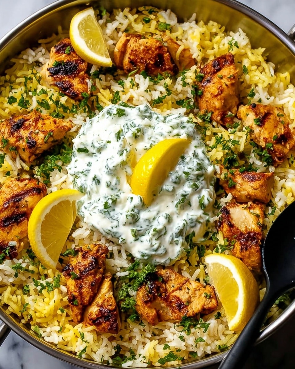 A close-up photo of a metal pan filled with cooked yellow and white rice as the bottom layer, with pieces of grilled golden brown chicken placed on top, sprinkled with fresh green chopped herbs. In the center of the pan is a dollop of white sauce mixed with green herbs, garnished with a wedge of lemon on top. Additional lemon wedges are placed around the edges of the pan. A black spoon is partially visible on the right side. The pan is set on a white marbled surface. photo taken with an iphone --ar 4:5 --v 7