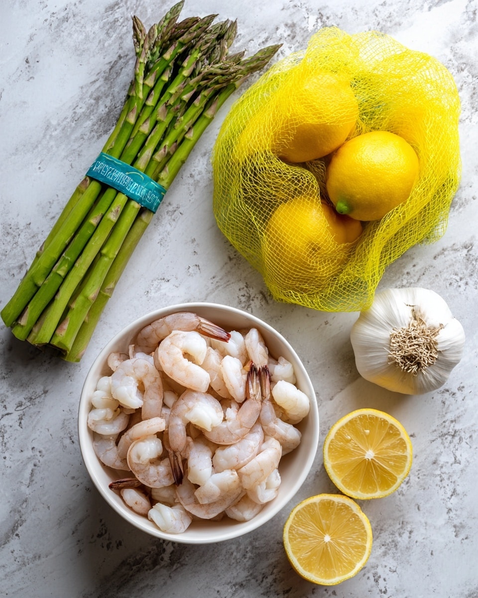 The image shows a white bowl filled with cooked shrimp that are pale pink and white, resting on a white marbled surface. To the left, a bundle of green asparagus is tied with a blue band and placed upright. Above the asparagus, there is a yellow mesh bag filled with bright yellow lemons lying diagonally. Near the lemons, a whole bulb of white garlic is positioned. Two lemon halves, showing their bright yellow flesh, are placed on the white marbled surface, one near the lemons and the other on the right side of the image. Photo taken with an iphone --ar 4:5 --v 7