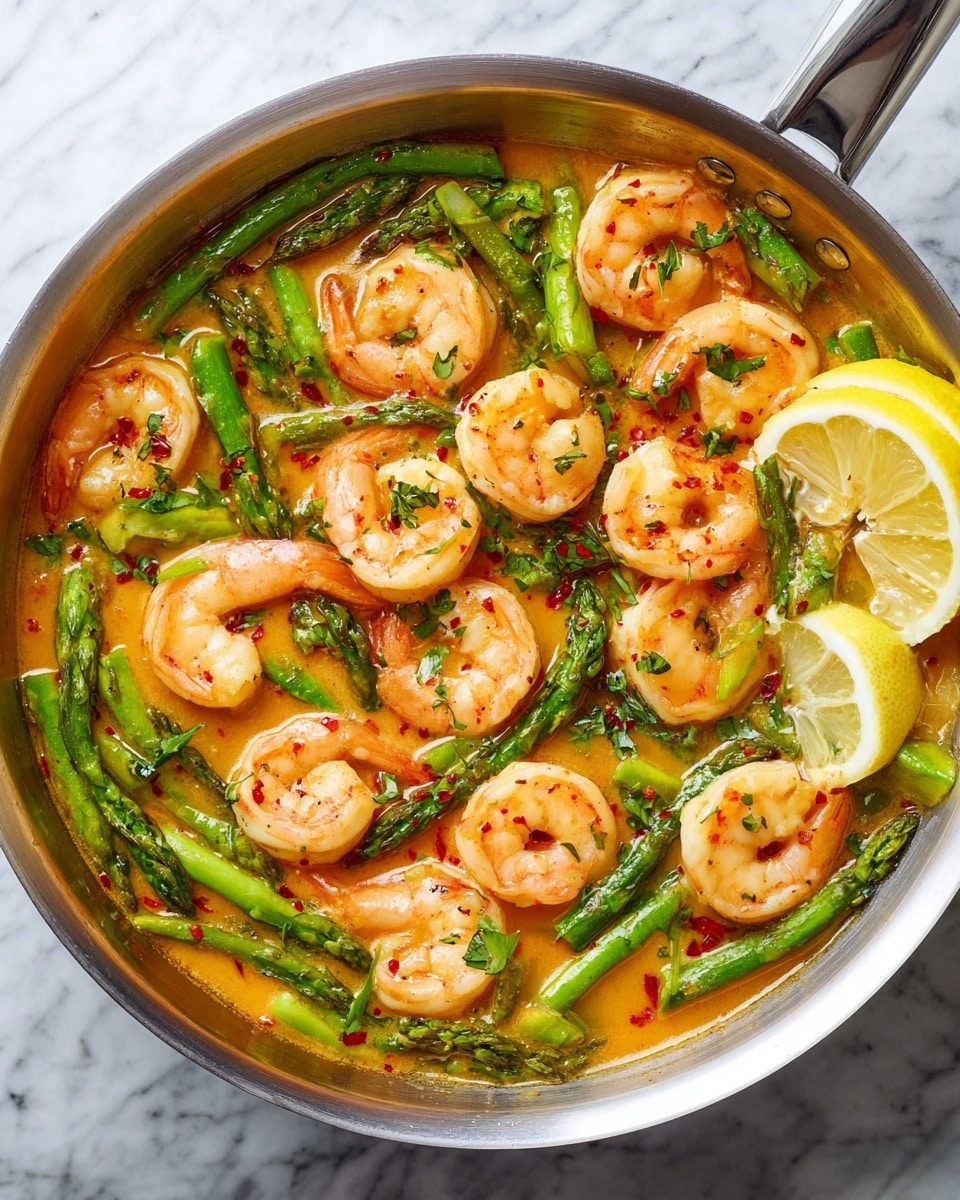 A close-up top view of a silver pan filled with a vibrant shrimp dish in a light orange sauce. The pan has plump pink shrimp curled and spread evenly on top. Bright green asparagus pieces are mixed throughout, some standing upright and others laying flat. Two lemon wedges rest on the side near the edge of the pan, adding a fresh yellow pop. There are small green herbs scattered lightly over the surface, and red chili flakes are visible, giving a sense of slight spice. The pan is placed on a white marbled surface. Photo taken with an iphone --ar 4:5 --v 7
