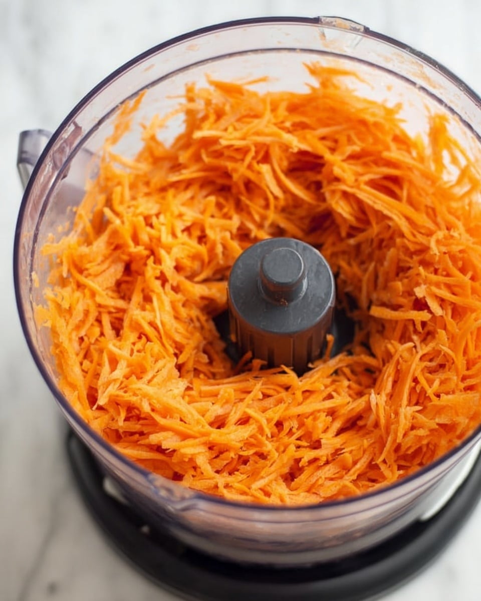 The image shows a food processor filled with a large amount of shredded orange carrots. The shredded pieces are thin, long, and spread evenly inside the clear bowl of the processor, which sits on a black base. The shredded carrots have a slightly moist and soft texture. The scene is set on a white marbled surface. photo taken with an iphone --ar 4:5 --v 7