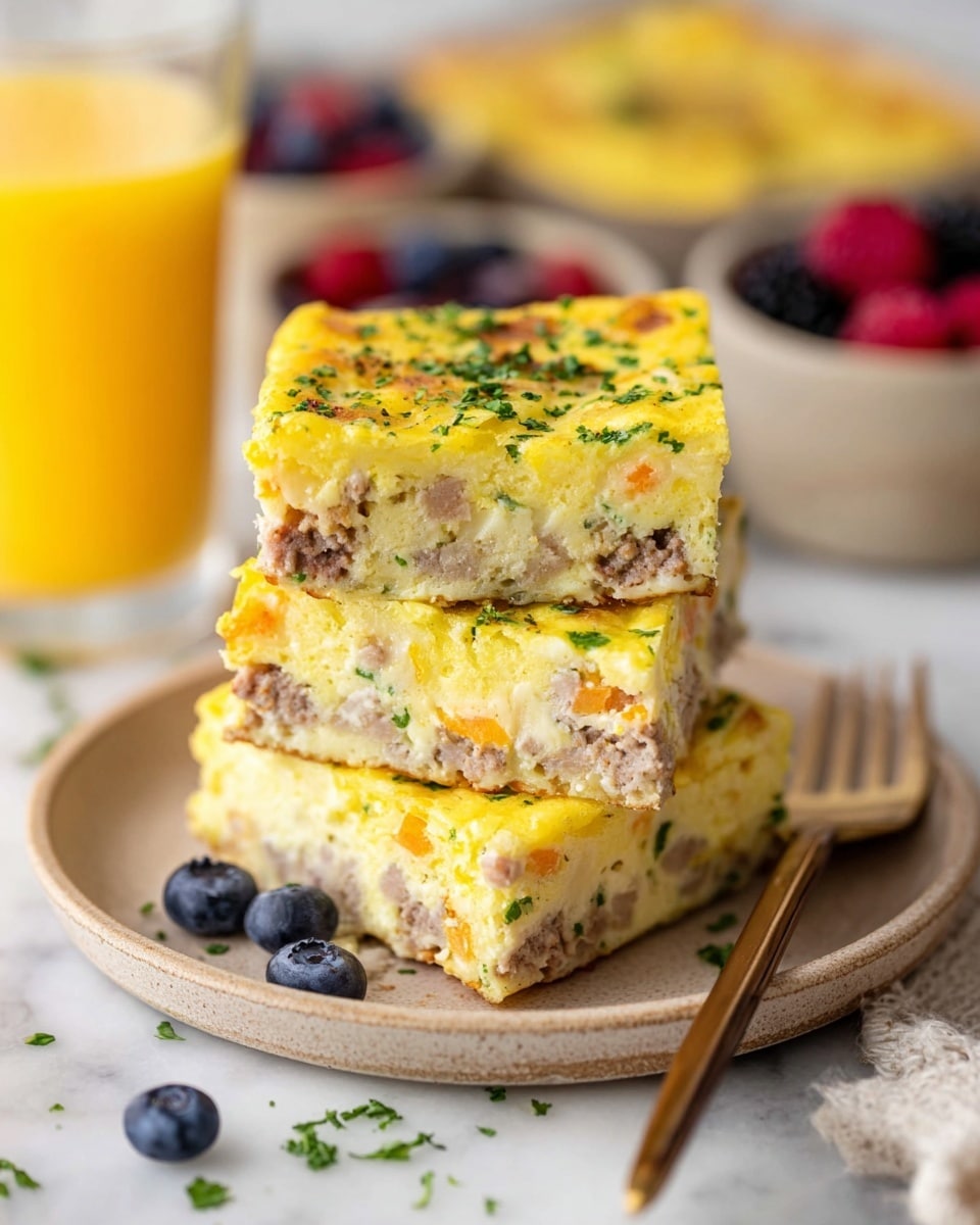 Three square pieces of egg casserole are stacked on a round beige plate on a white marbled surface. Each piece has three visible layers: the top layer is yellow with a light, slightly browned texture and sprinkled with chopped green herbs; the middle layer is creamy yellow with small chunks of light brown meat and orange bits; the bottom layer is similar to the middle, showing a mix of yellow eggs and meat. In front of the plate are a few blueberries and chopped herbs scattered on the surface. A glass of orange juice and bowls of mixed berries are blurred in the background. A spoon with a wooden handle rests on the plate. Photo taken with an iphone --ar 4:5 --v 7