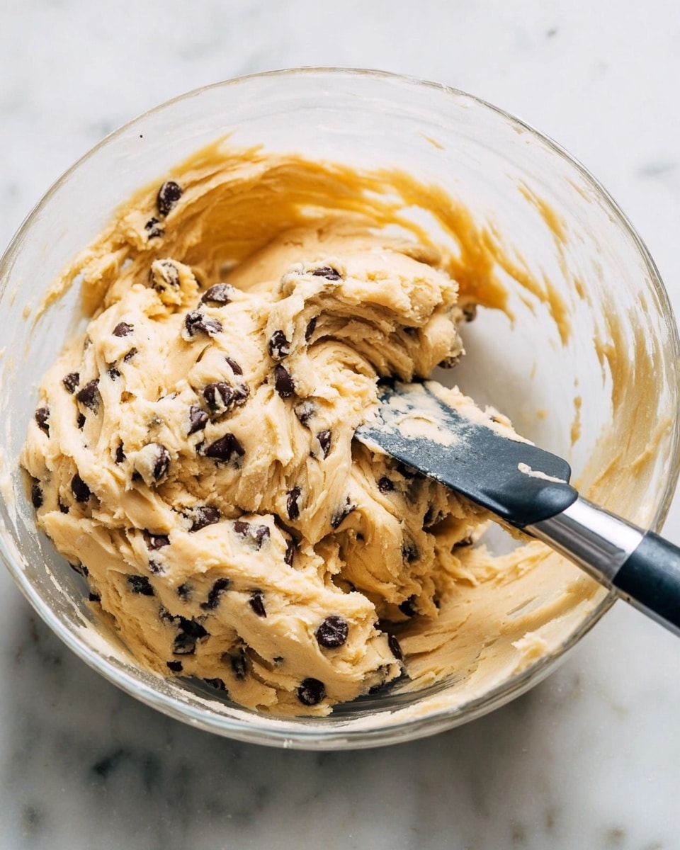 A clear glass bowl holds thick cookie dough mixed with many dark chocolate chips spread through a pale yellow creamy batter. A black spatula with a silver handle is partially buried in the dough on the right side, showing some soft texture. The bowl sits on a white marbled surface, and the dough looks soft and sticky with small folds and curves inside the bowl. photo taken with an iphone --ar 4:5 --v 7