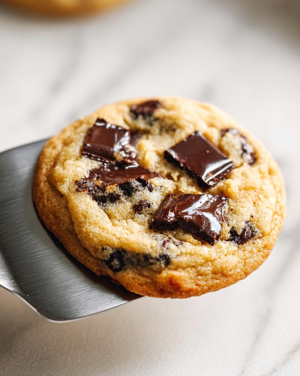 A close-up view of a freshly baked chocolate chip cookie held on a metal spatula, showing one thick layer of golden brown dough with visible large, shiny dark chocolate chips embedded on top and slightly melted, giving a glossy texture. The cookie has a soft and slightly crispy edge with a tender center. The background is a simple white marbled texture that keeps the focus on the cookie. photo taken with an iphone --ar 4:5 --v 7