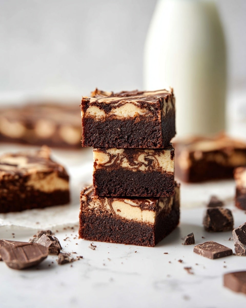 A stack of three square brownie bars sits in the center, each bar showing two layers: a thick dark brown chocolate bottom layer and a lighter cream-colored top layer with dark brown swirls creating a marbled effect. The surface beneath them is a white marbled texture scattered with small chunks of dark chocolate. In the background, more brownie bars are spread out alongside a blurred bottle of milk, all on the same white marbled surface. The scene is lit softly, highlighting the texture and color of the brownies. Photo taken with an iphone --ar 4:5 --v 7