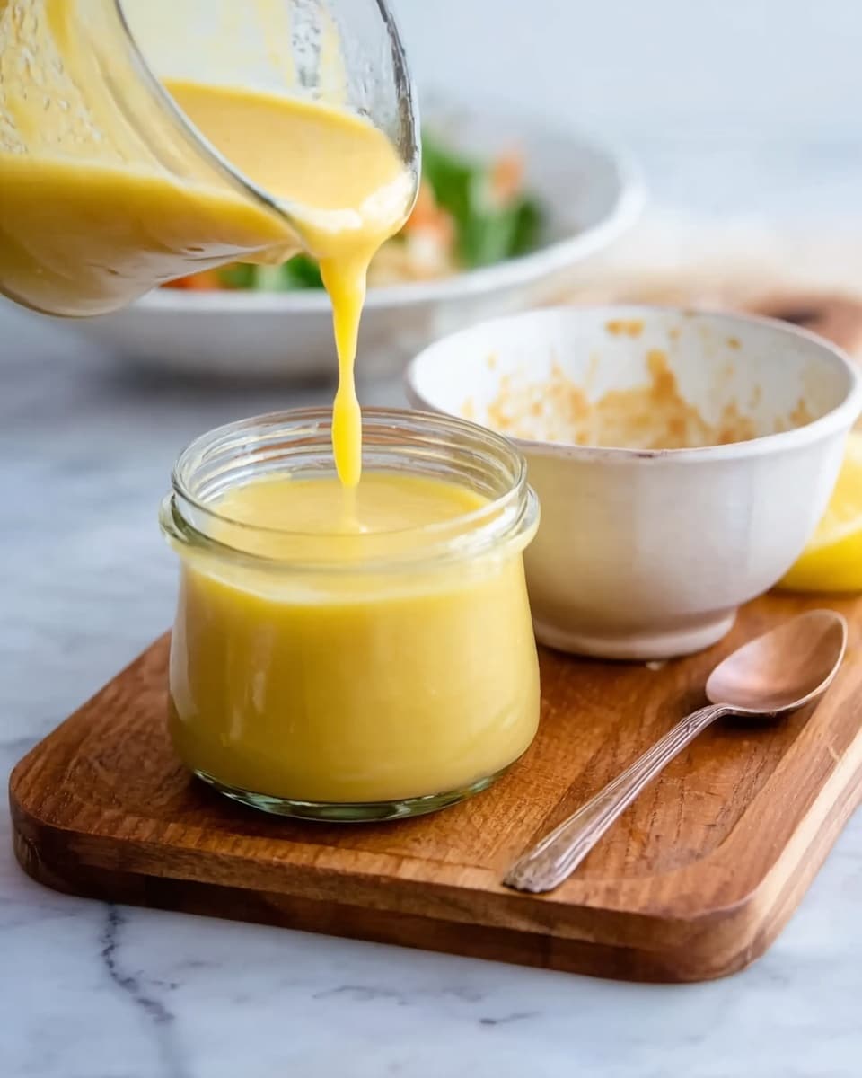 The image shows a clear glass jar filled with thick yellow sauce being poured from a transparent container above it. The jar is placed on a wooden board which carries a white bowl with light brown stains inside and a lemon wedge. In the background, there is a white bowl on a white marbled surface with a brown spoon resting beside the sauce jar. The colors focus mainly on the yellow sauce, the white dishware, and the warm brown of the wooden board. Photo taken with an iphone --ar 4:5 --v 7
