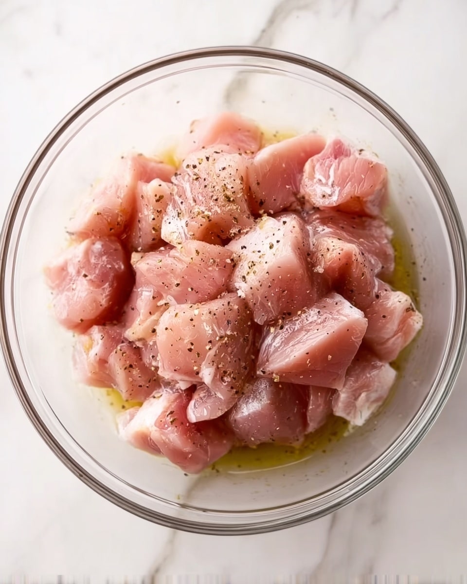A clear glass bowl filled with many pieces of raw light pink meat, each piece coated with a light layer of oil and sprinkled with black pepper, sits on a white marbled surface. The meat pieces have a slightly shiny and moist texture, stacked loosely but evenly to fill the bowl. The photo is focused from above, showing the round shape of the bowl and the details of the meat’s surface. photo taken with an iphone --ar 4:5 --v 7