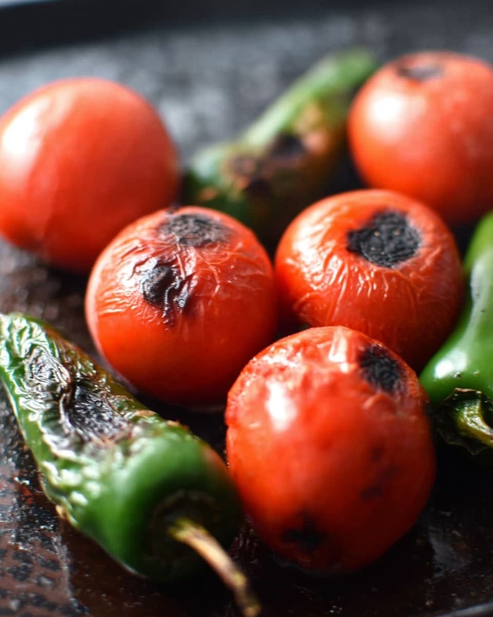 The image shows six roasted red tomatoes and three roasted green jalapeños on a dark roasting pan. The tomatoes are shiny with a few charred black spots scattered across their smooth, round surfaces. The jalapeños are bright green with dark brown grilled marks and slightly wrinkled skin. The items are close together in a small pile, with some of the tomatoes in the foreground and others behind. The background has a soft-focused, dark gray texture. photo taken with an iphone --ar 4:5 --v 7