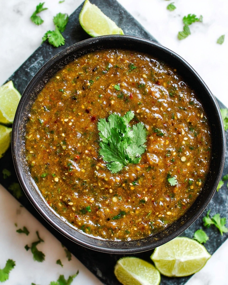 A black bowl filled with a thick, textured greenish-brown sauce that has visible small seeds and bits of herbs mixed throughout. The sauce is topped with fresh green cilantro leaves in the center. The bowl sits on a dark slate board, which has three lime wedges placed around it, one near the top left, one near the bottom right, and one near the bottom center. Small scattered cilantro leaves also decorate the white marbled surface underneath the board. The close-up angle highlights the sauce’s chunky texture and vibrant colors. photo taken with an iphone --ar 4:5 --v 7