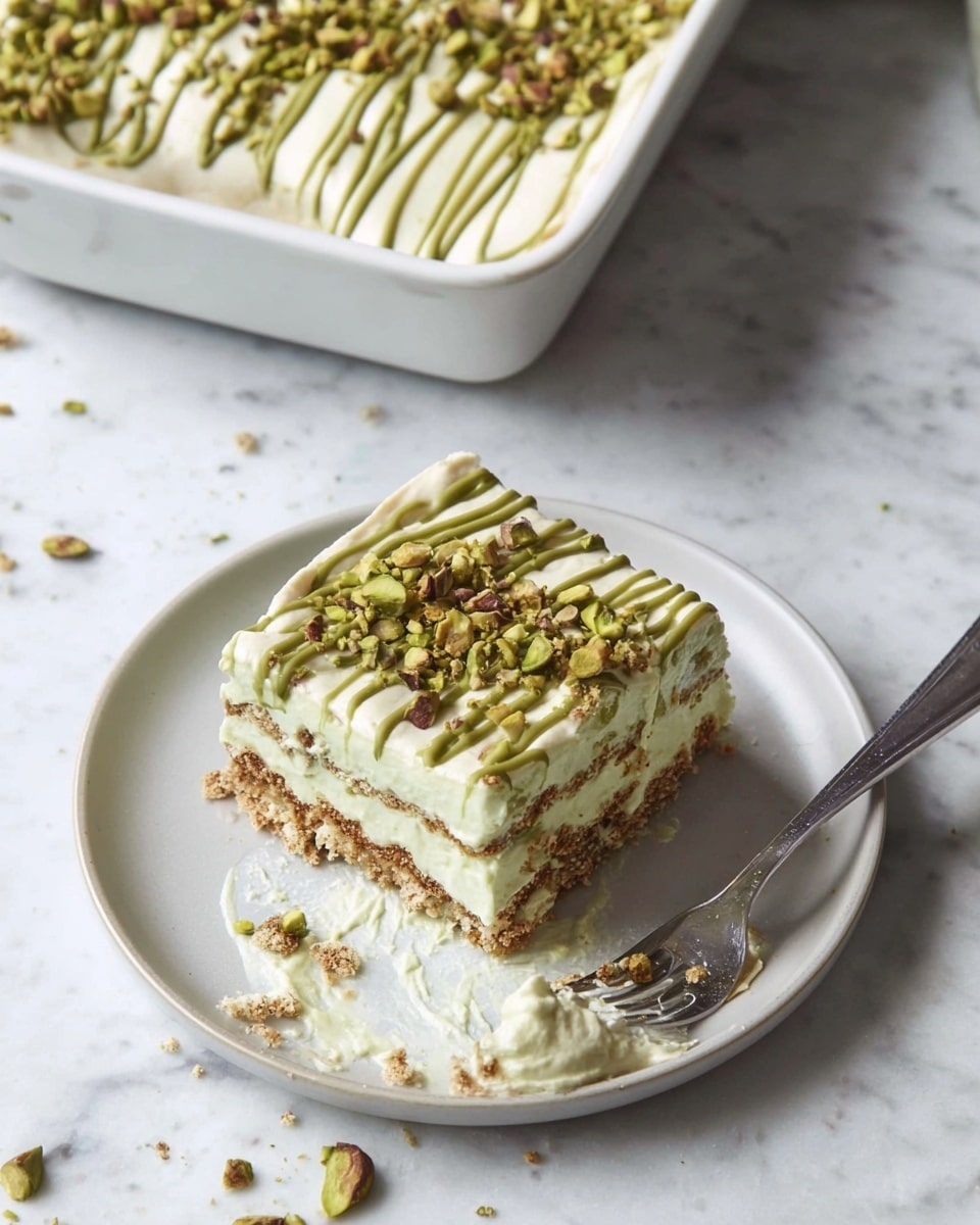 A square slice of layered dessert sits on a white plate, showing at least two layers: a light brown crumbly base and a thick creamy pale green top layer. The top is decorated with a zigzag pattern of darker green sauce and sprinkled with chopped pistachios around the edges. A fork with some cream on it lies next to the dessert on the plate, which has smears of cream and crumbs. In the background, a white baking dish contains the rest of the dessert, with the same green zigzag pattern and pistachio decorations on top. The whole scene is set on a white marbled surface. photo taken with an iphone --ar 4:5 --v 7